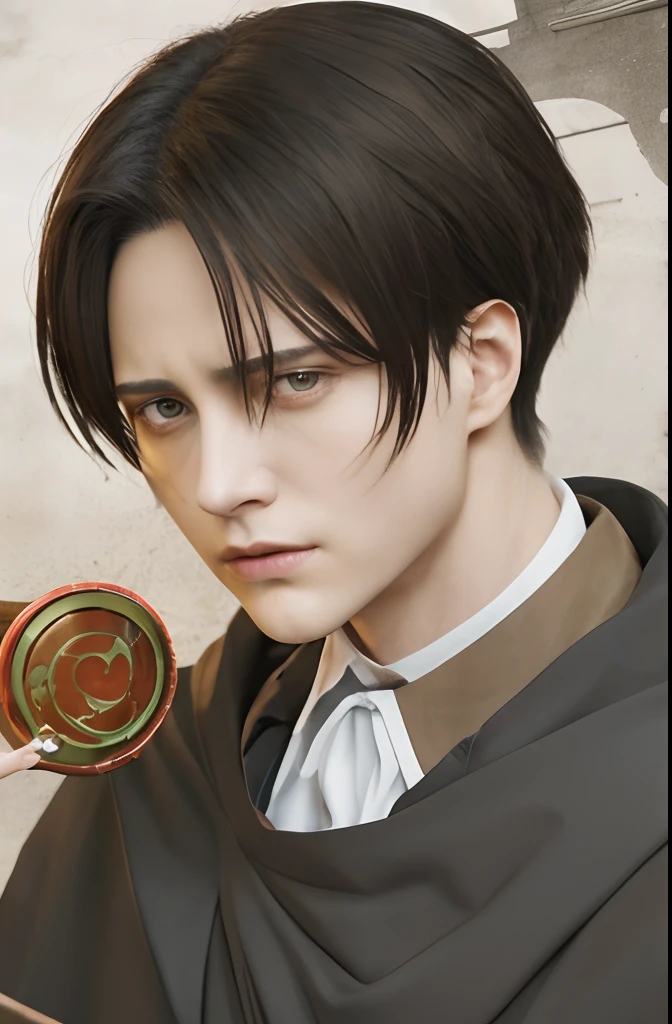 portrait of levi Ackerman, comma haircut, in the anime film, in attack on titan, levi Ackerman ,realistic, ultra details, strong jawline