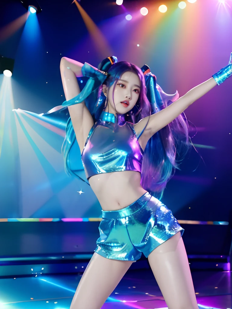 Alafi dancers wear shiny blue costumes on stage, jia, kda, Korean Idol, sun yunjoo, holographic suit, bold rave outfit, korean kpop star, music video, holograph, Bra and shorts streetwear, glistening body, jisoo of blackpink, jisoo from blackpink, metallic cyan bodysuit, dilraba dilmurat, rave outfit