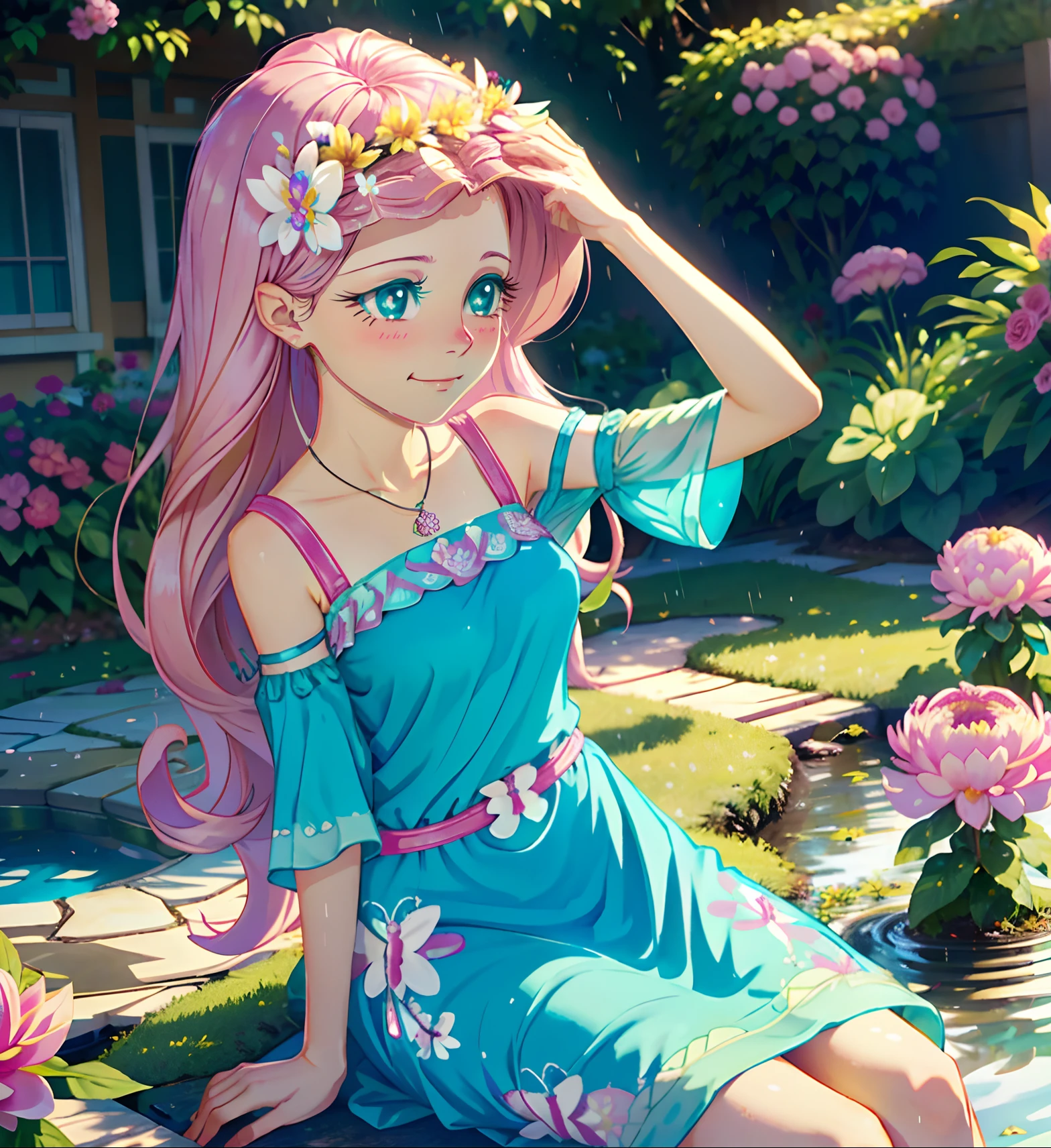 Fluttershy, fluttershy from equestria girls, fluttershy in the form of a girl, lush breast, pink long wavy hair, soft smile, flowers, butterflies, (top quality, masterpiece, ultra-realistic), rainy day, raining, wet ground, puddle, indoor botanical garden, dome, lots of flowers, dense mass plants, the background landscape is a garden with petals, Dahlia peony flowers everywhere, turquoise eyes, turquoise eyeshadow, green dress, butterfly hair clip, derailed lighting, sunlight, yellow pure light, sitting, heavenly plants, hanging planters, bright rays, ((flower crown))