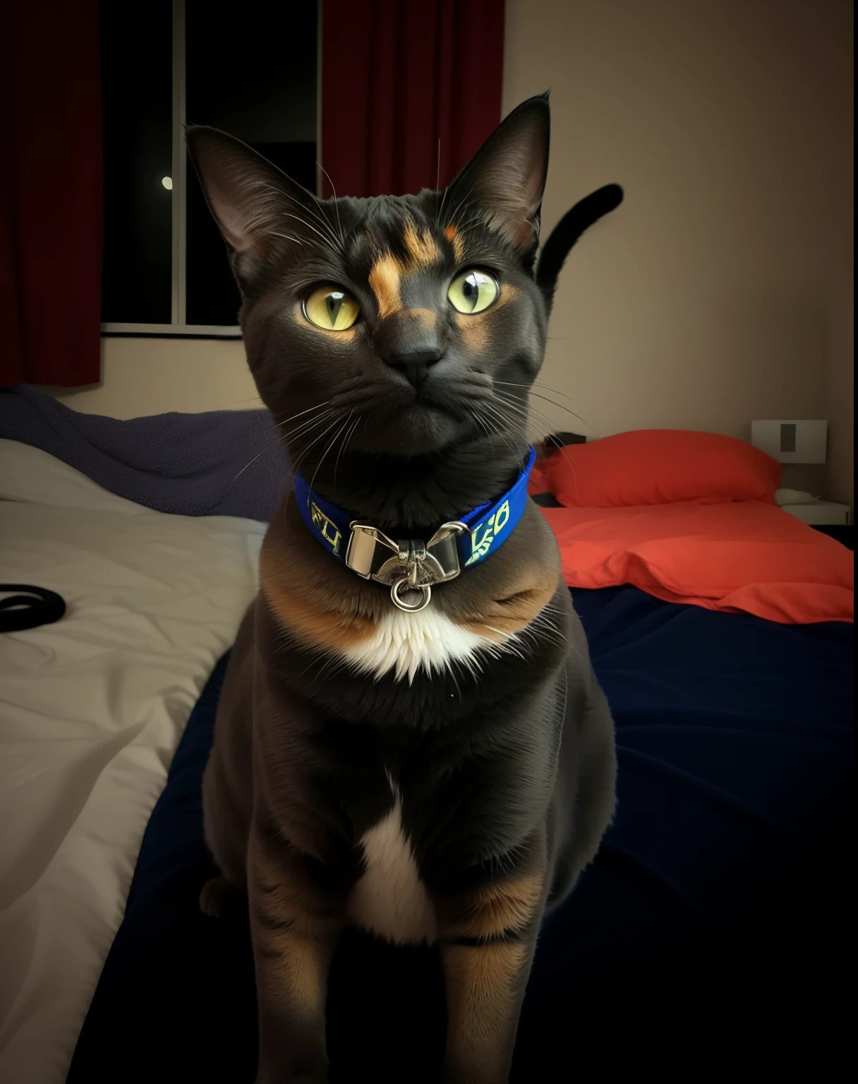 There's a cat that's sitting on a bed with a leash, usando colarinho, um gato calico steampunk bonito, usando gargantilha, usando gargantilha preta intrincada, sentada em sua cama, totalmente decorado, usando gargantilha preta, she's facing the camera, com um fundo preto, foto de um gato, com um fundo escuro preto, wearing collar on neck, collar on neck