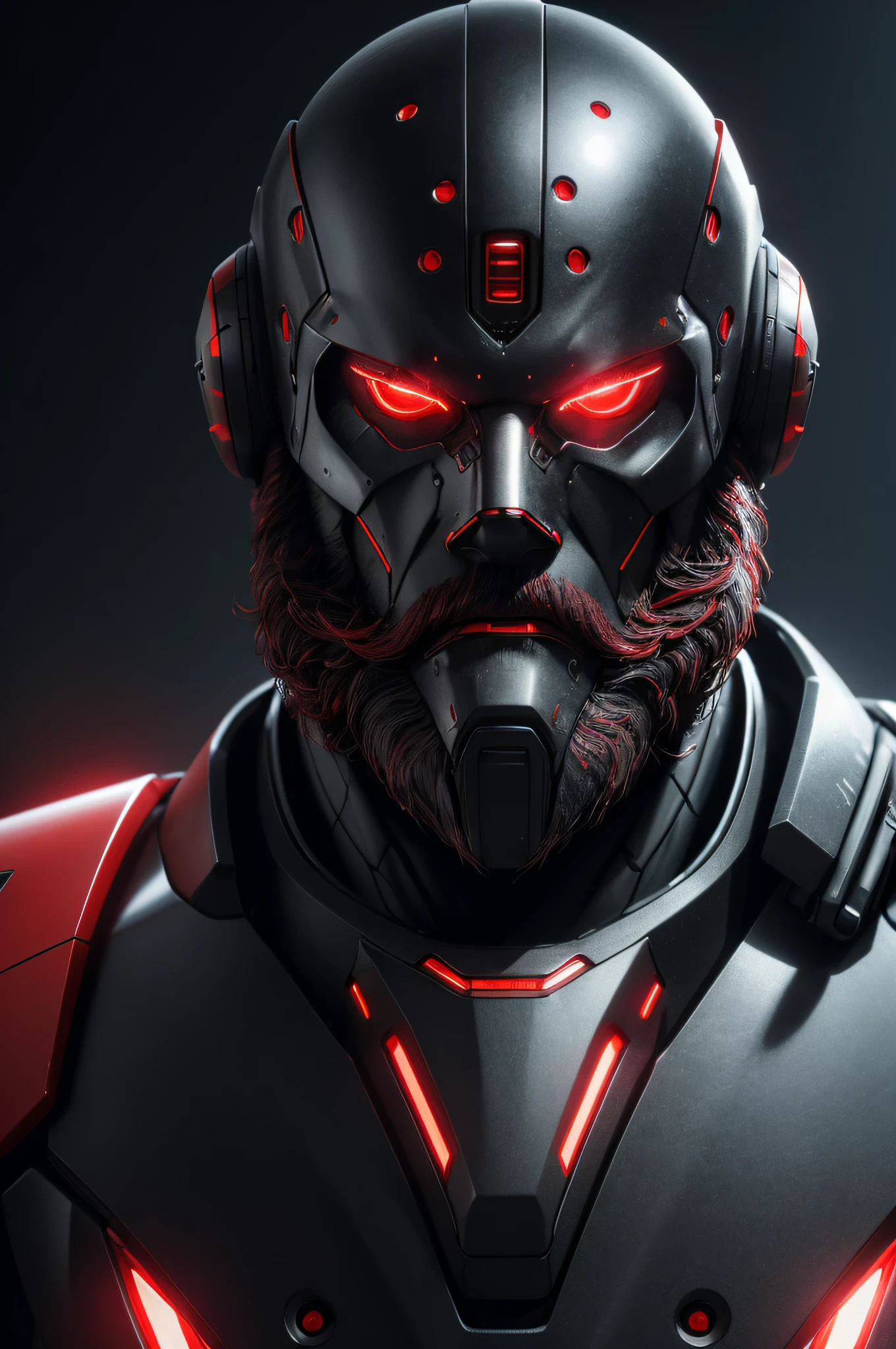 (realistic,photorealistic:1.37),highres,ultra-detailed,professional,portrait,robot face,black and red,professor,front view,futuristic universe,long beard,red glowing eyes,mechanical details,metallic texture,wisdom,artificial intelligence,advanced technology,sharp focus,studio lighting,vivid colors