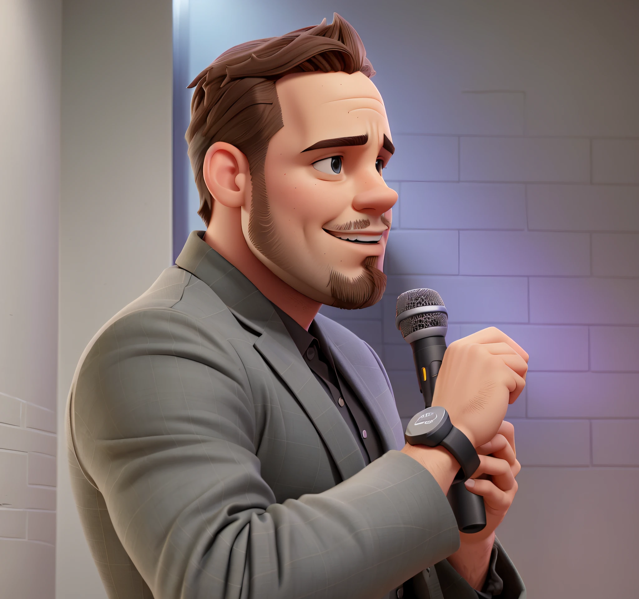 There's a man with no beard on his face, with a microphone in hand, Aaron Sims, Rico Evans, Brandon Sanderson, taken in the early 2020s, Matt Rodes, Cory Loftis, Scott Wozniak, Russel Dauterman, Steve Oliff, Como um painel de uma HQ da Marvel, Directed by: Tom Wänerstrand, foto do perfil, olhando para a sua esquerda