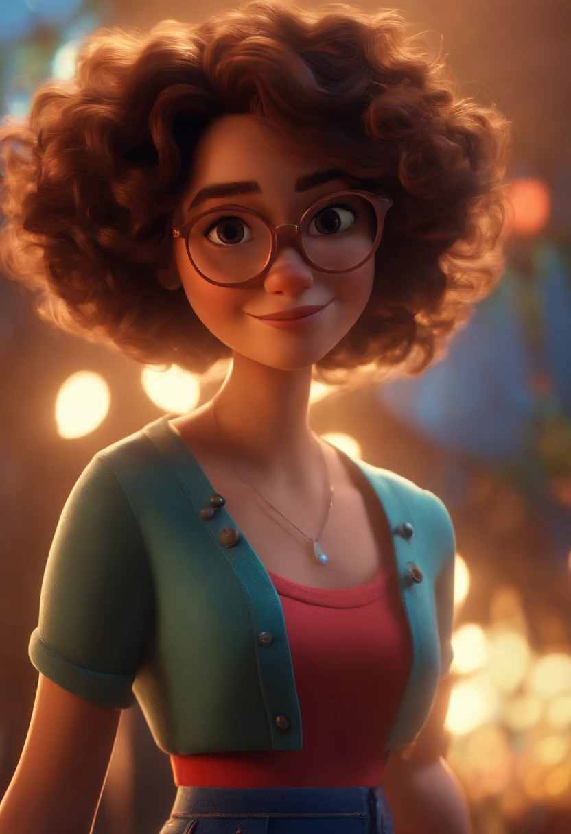 Pixar style image with 3D character white glasses brunette woman short curly hair dancing, Maquiagem Disney,Pescador, bonitinho, sorridente ,Close-up, Pixar, Disney, Cinema lighting,