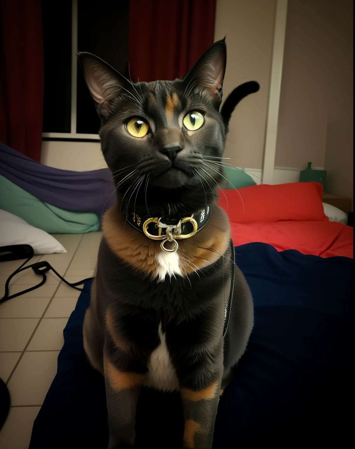 There's a cat that's sitting on a bed with a leash, usando colarinho, um gato calico steampunk bonito, usando gargantilha, usando gargantilha preta intrincada, sentada em sua cama, totalmente decorado, usando gargantilha preta, she's facing the camera, com um fundo preto, foto de um gato, com um fundo escuro preto, wearing collar on neck, collar on neck