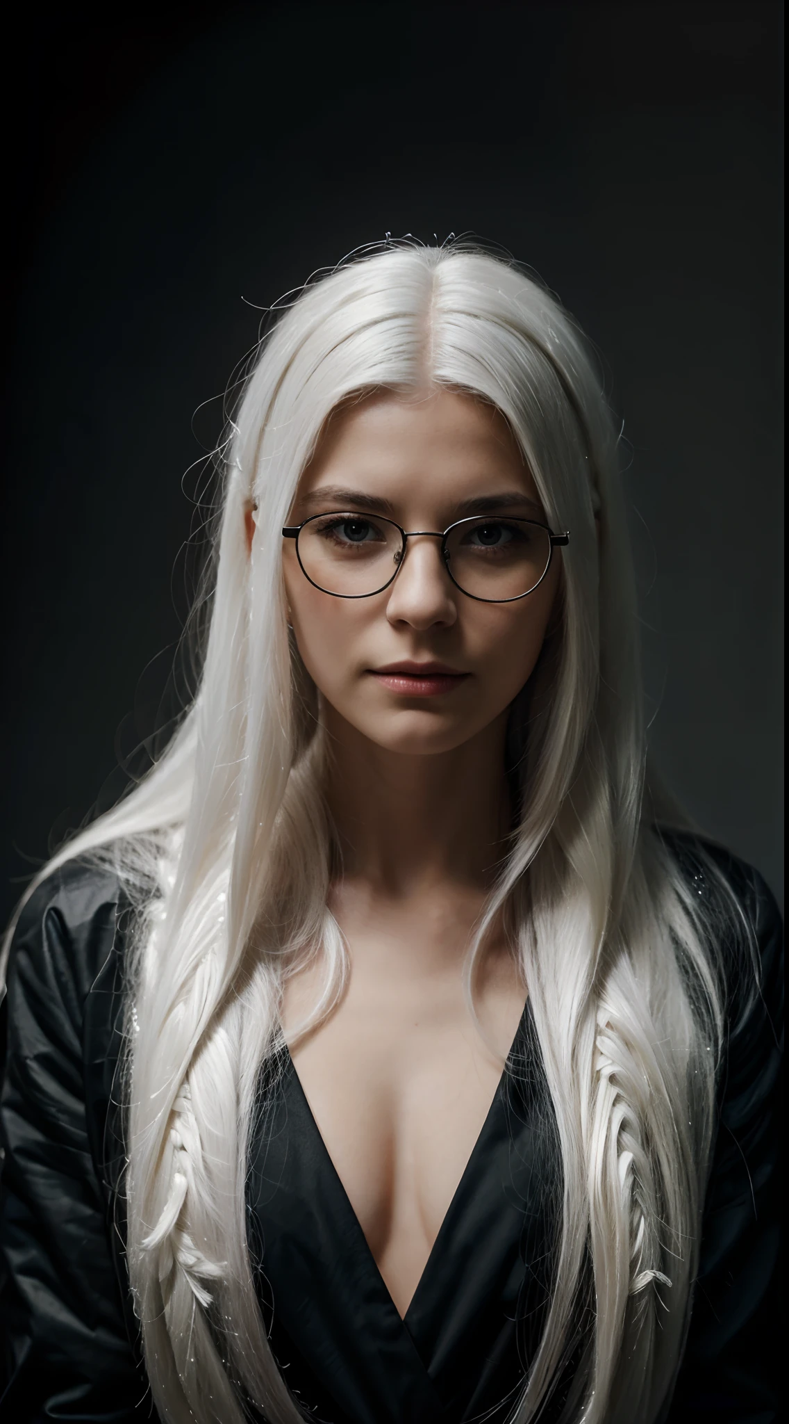 (best quality,highres,realistic),(portrait:1.2),(woman:1.1),(glasses:1.1),(long hair:1.1),(white hair:1.1),(dark background:0.9)