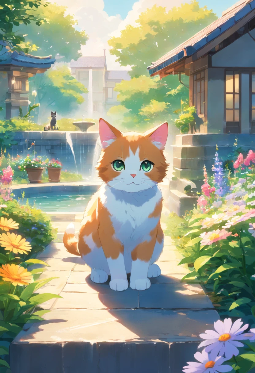 A cute cat with round eyes, Garden fountain, wildflowers, House in the distance