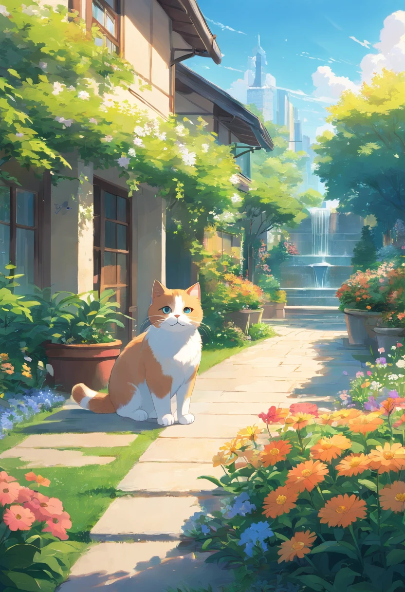 A cute cat with round eyes, Garden fountain, wildflowers, House in the distance