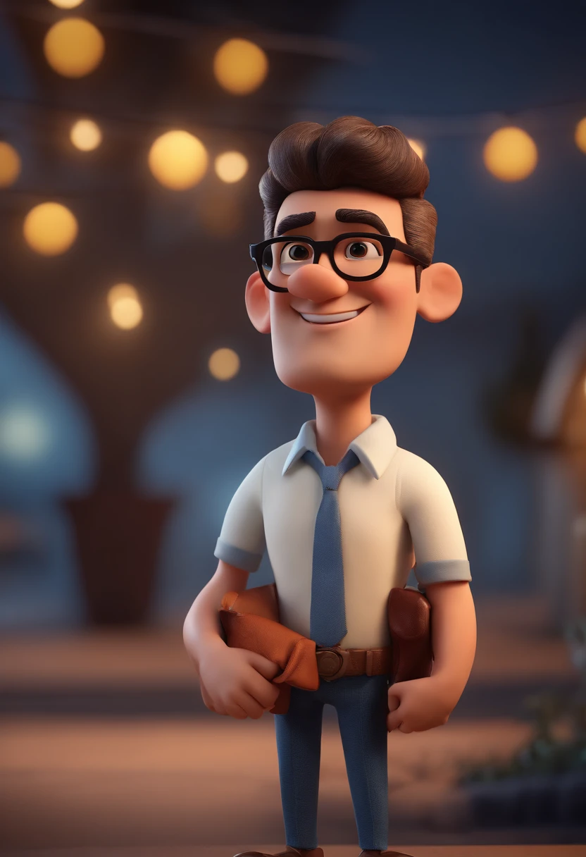 Cartoon character of a man with black glasses and a blue shirt, animation character, Caractere estilizado, animation style rendering, 3D estilizado, Arnold Maya render, 3 d render stylized, toon render keyshot, Personagem 3D, Personagem 3D, 3d rendering stylized, 3 d character render, personagem de desenho animado, Personagem de close up, Pose de personagem,  (Estilo Pixar) (master part:1.2) (Bokeh) (best quality) (pele detalhada) (textura detalhada) (8k) (argila) (Cinematic lighting) (foco nítido