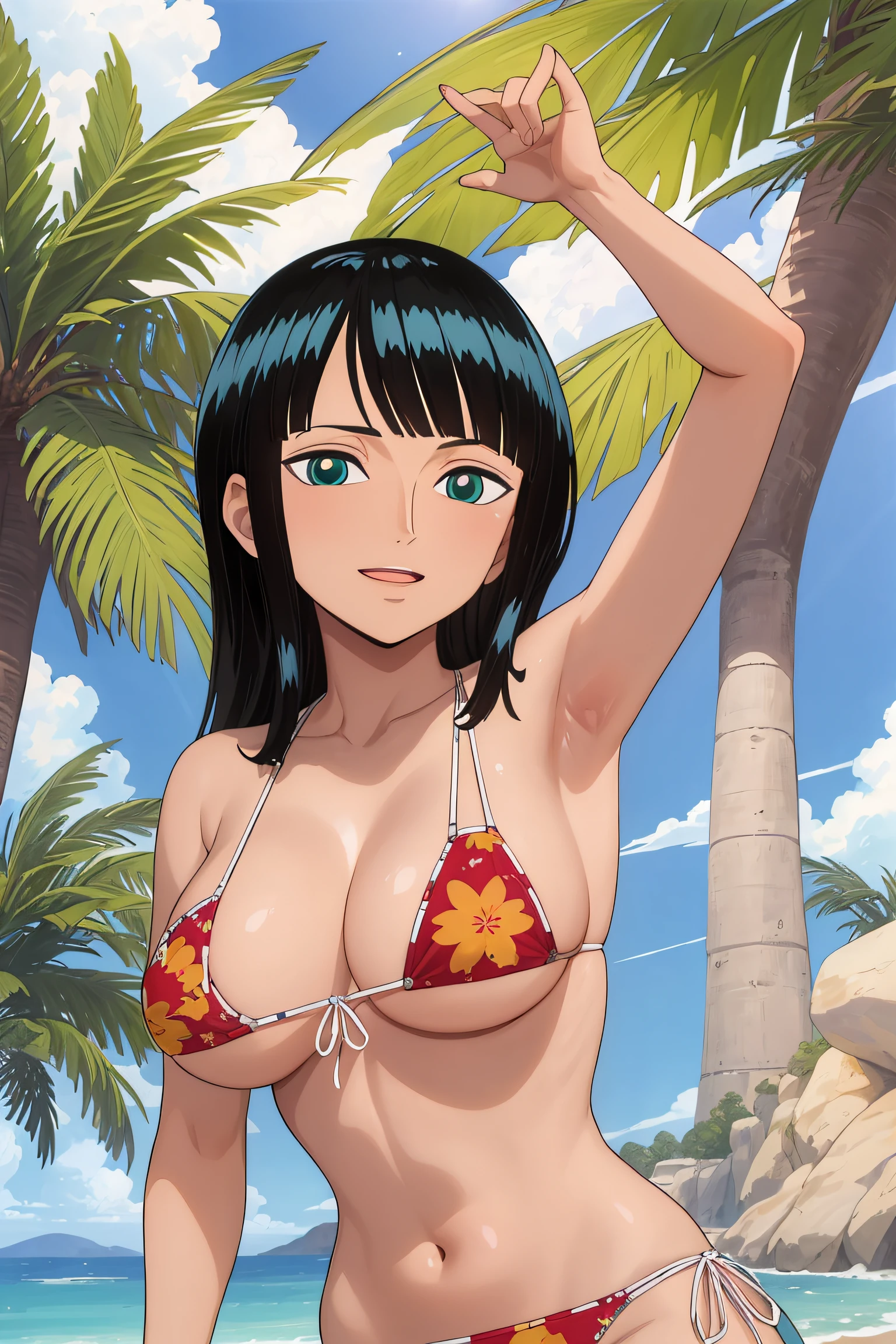 (Obra maestra),La mejor calidad,asombroso,Detalle fino.Profundidad de campo,hermosos ojos detallados, Nico Robin, 1girl,hembra madura,feliz,sonrisa ligera, bikini, barriga, breasts, armpits