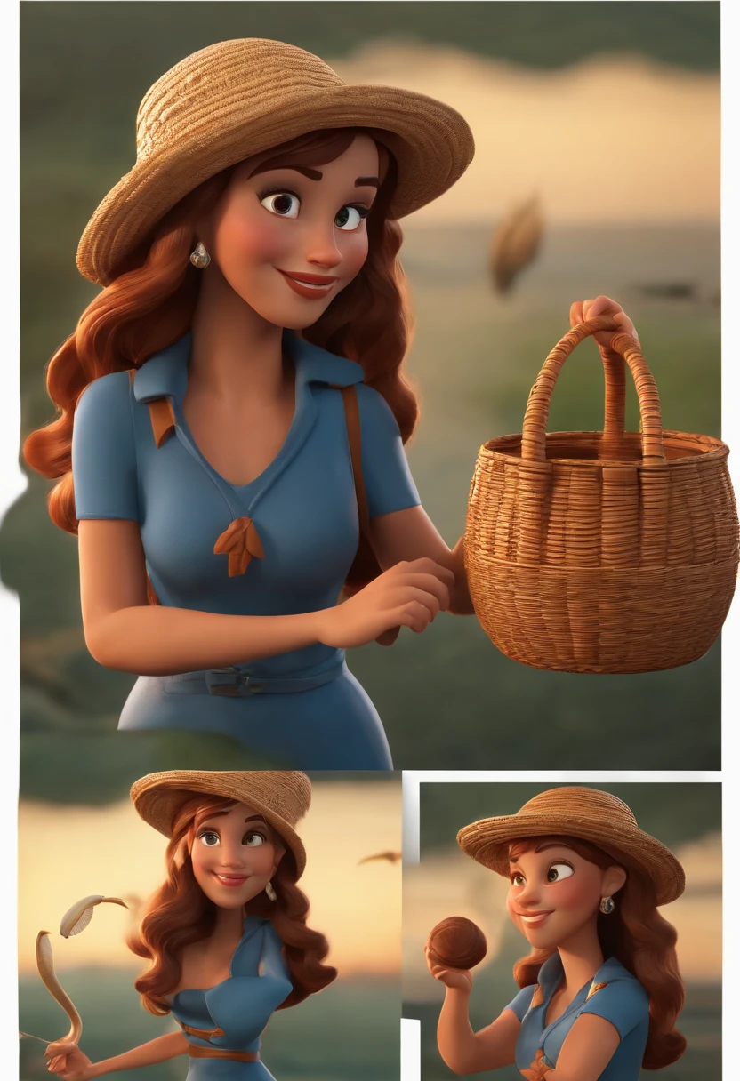 Personagem de desenho animado uma jovem de cabelo crespo castanho escuro e um vestido azul, um personagem animado, Caractere estilizado, animation style rendering, 3D estilizado, Arnold Maya render, 3 d render stylized, toon render keyshot, Personagem 3D, Personagem 3D, 3d rendering stylized, 3 d character render, personagem de desenho animado, Personagem de close up, Pose de personagem, (Estilo Pixar) (master part:1.2) (Bokeh) (best quality) (pele detalhada) (textura detalhada) (8k) (argila) (Cinematic lighting) (foco nítido，Senta e vaza todo corpo, fundo segundo plano imagem de rio , Character wearing straw hat and fishing basket as if he was collecting shellfish on the riverbank , Sunset light reflecting on the river and on your face. Muitas conchas perto dela.