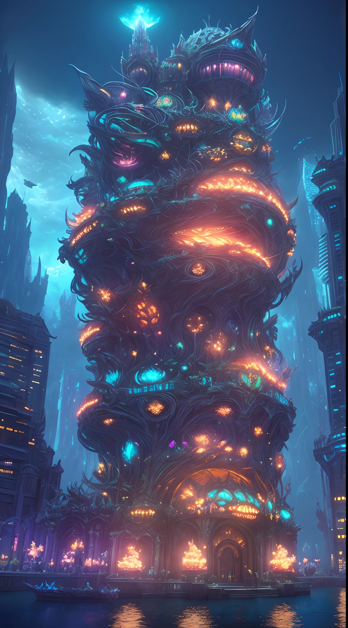 fantasy concept art, a transparent building as a huge aquarium containing fish at night, pretty lights decorations, wide shot, 8k octane render, photorealistic, epic shot, cinematic lighting, detailed building, detailed fish