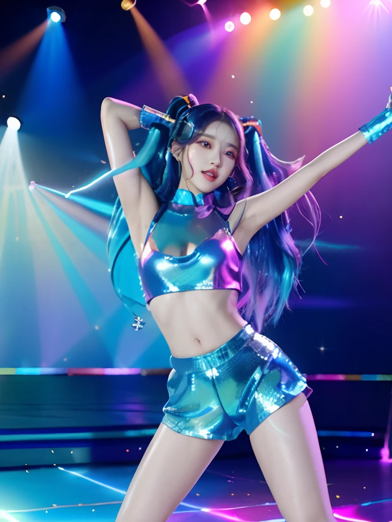 Alafi dancers wear shiny blue costumes on stage, jia, kda, Korean Idol, sun yunjoo, holographic suit, bold rave outfit, korean kpop star, music video, holograph, Bra and shorts streetwear, glistening body, jisoo of blackpink, jisoo from blackpink, metallic cyan bodysuit, dilraba dilmurat, rave outfit