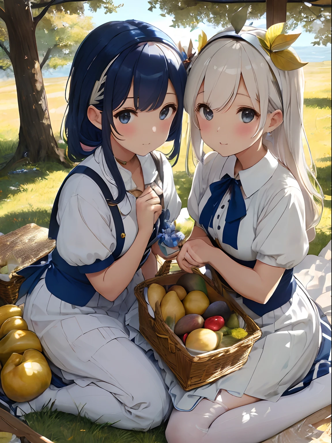 twinsies,Chiquita,Two-tone hair in white and navy blue,Colored leaves,Medieval European style,Stylish atmosphere,eat a sandwich,picnic,harvest,busy,The sun is shining