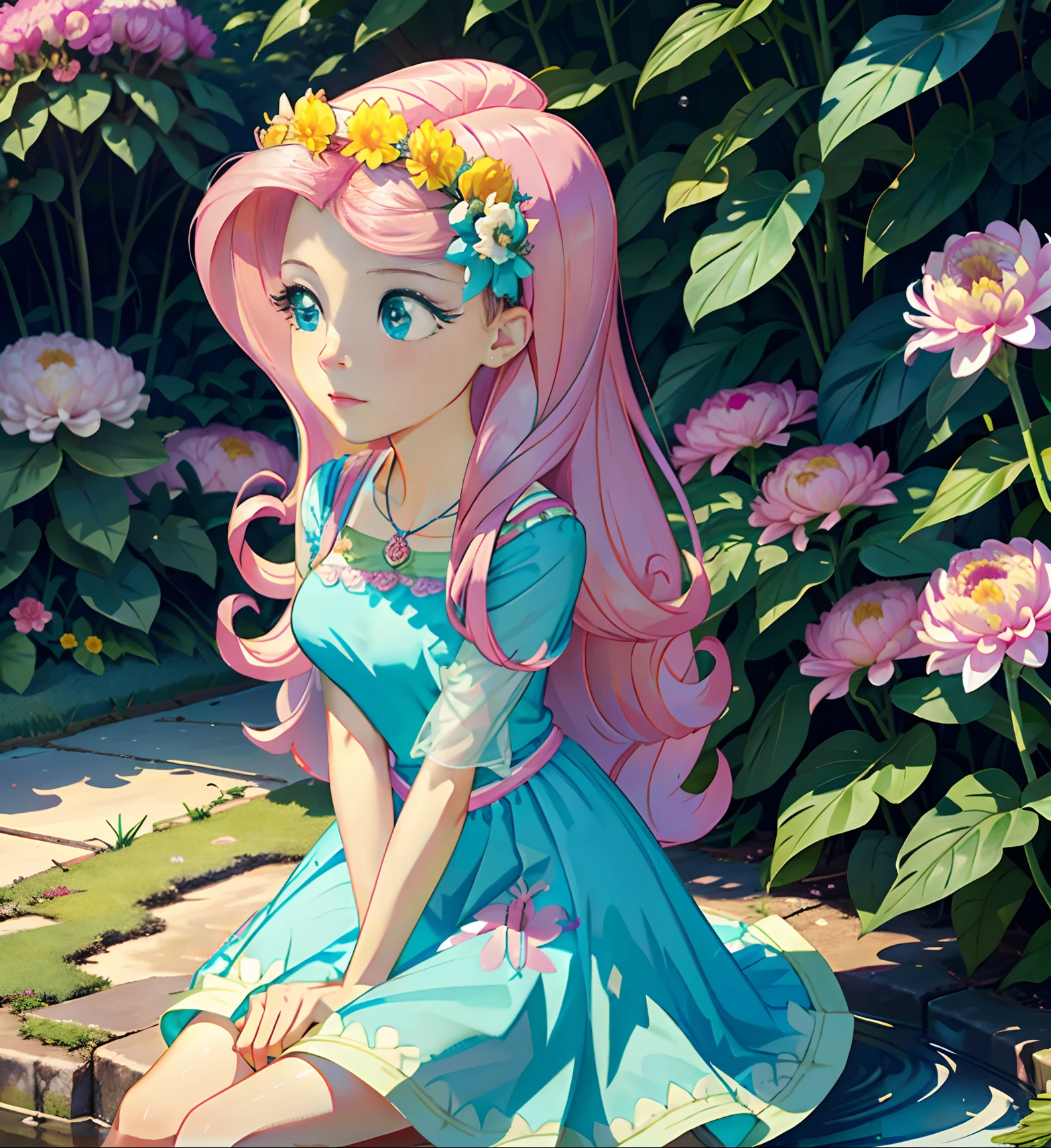 Fluttershy, fluttershy from equestria girls, fluttershy in the form of a girl, lush breast, pink long wavy hair, soft smile, flowers, butterflies, (top quality, masterpiece, ultra-realistic), rainy day, raining, wet ground, puddle, indoor botanical garden, dome, lots of flowers, dense mass plants, the background landscape is a garden with petals, Dahlia peony flowers everywhere, turquoise eyes, turquoise eyeshadow, green dress, butterfly hair clip, derailed lighting, sunlight, yellow pure light, sitting, heavenly plants, hanging planters, bright rays, ((flower crown))