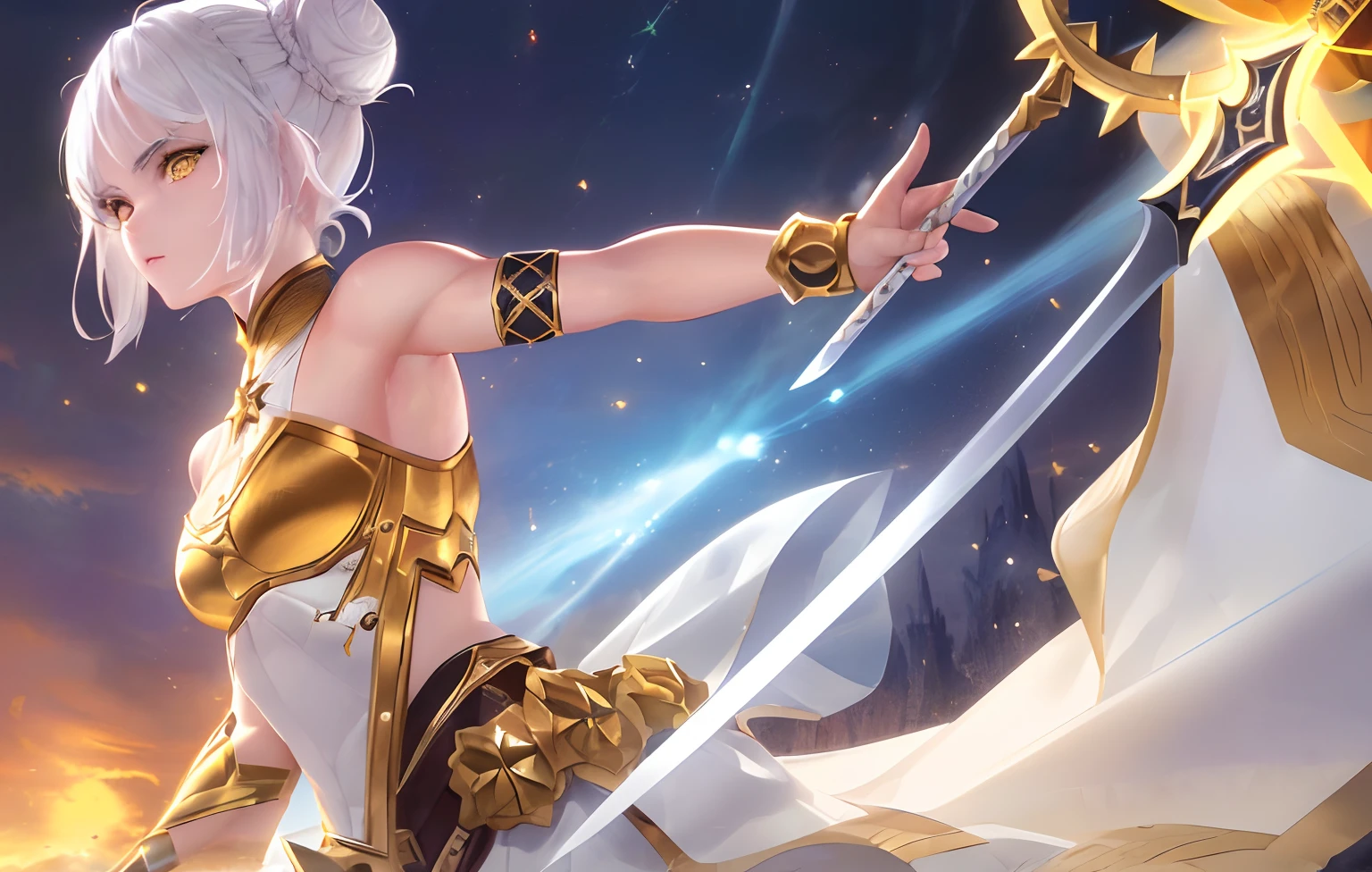 (Best quality, 8k, 32k, perfect body, ultra detailed face, , detailed eyes, ((masterpiece)), highres, Muscular woman, White hair, Yellow eyes, tall body, Small face, Short hair, Side buns, Fantasy outfit, Neutral Expression, Solo, Star Eyes, Holding blade, Standing
