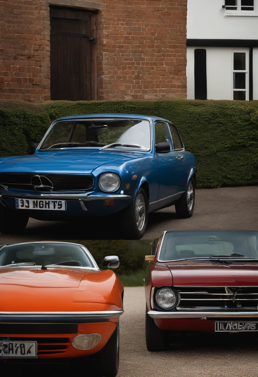 there is a blue car parked in a garage with a brick wall, front shot, with cool headlights, by Richard Carline, by Steve Prescott, by Jay Hambidge, a wide shot, by Edward Corbett, full view of a car, by Ben Thompson, front profile shot, by David Donaldson, a wide full shot, by Robin Guthrie