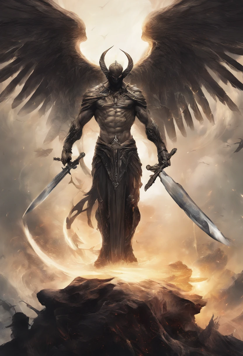The Image from God's Angles, Standing on his heel with a sword in his hand, Anjo no calcanhar, arcanjo, angels vs demons, angel watching demon, angels and demons, Anjos protegem as pessoas, Arcanjo Miguel, anjo da morte, Battle between angels and demons, anjo super largo, epic angel wings, Anjos protegem quem reza, necessidade humana de morte (( Epic image )), (( alta qualidade )) 16k