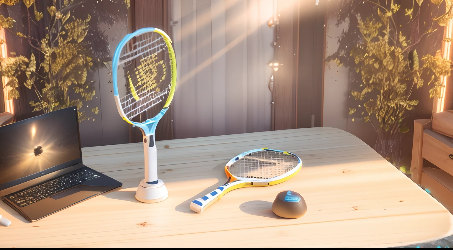 There is a laptop and a tennis racket on the table, realistic rackets, Product rendering, 3 d product render, product design render, highly detailed render, rendered in cgi, fully detailed render, depicted as a 3 d render, detailed render, high res render, detailed 3d render, detailed 3 d render, high quality topical render, 3d product,Divine consciousness lights up,Hyper-realistic rendering,Vray rendering,Cinematic lighting effects,Home background,the background is clean