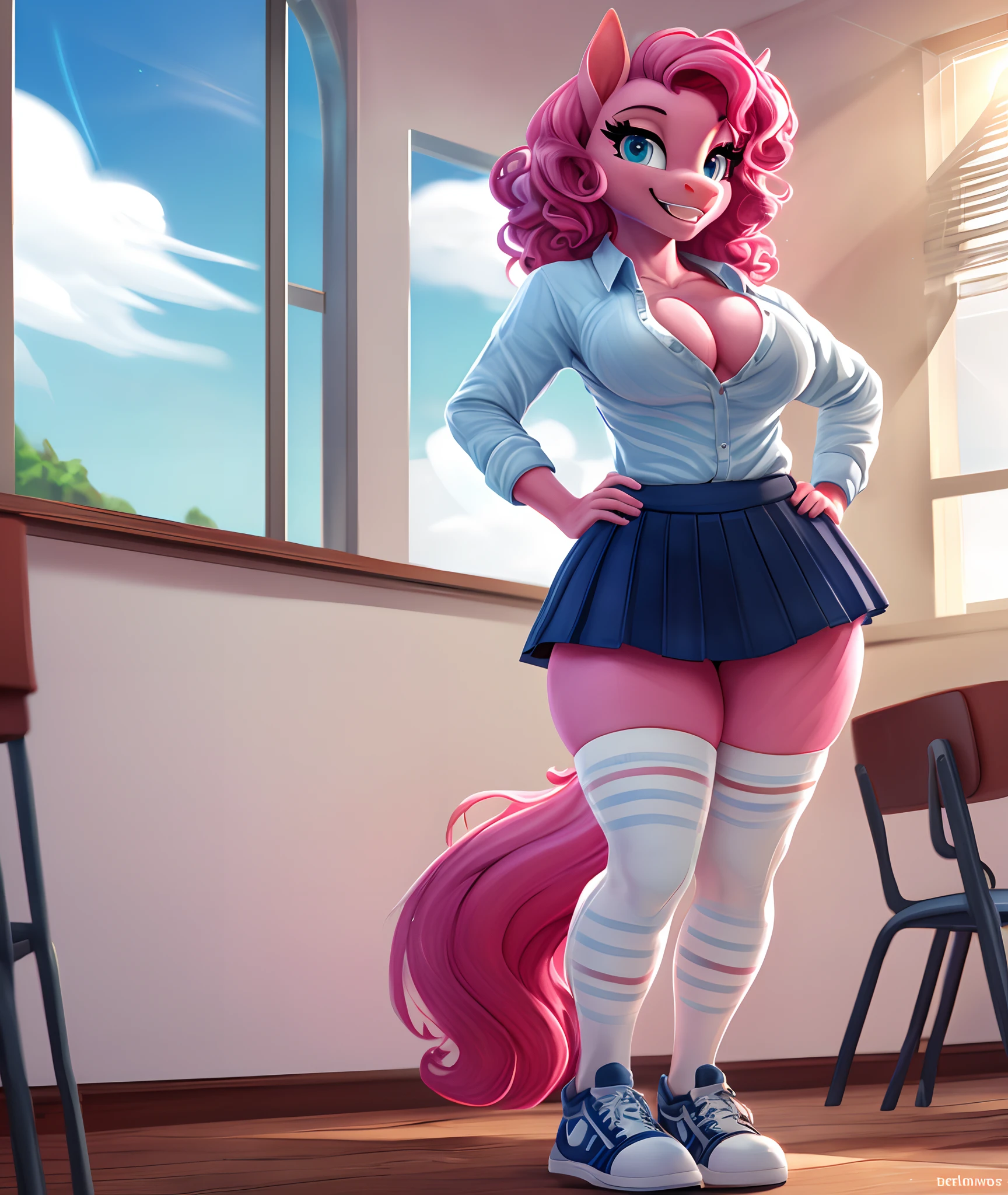 [pinky pie], [Uploaded to e621.net; (siden), (Pixelsketcher), (mayosplash), (wamudraws)], ((masterpiece)), ((HD)), ((high quality)), ((solo portrait)), ((feet visible)), ((full body)), ((furry; anthro)), ((detailed fur)), ((detailed shading)), ((beautiful render art)),  ((intricate details)), {anthro horse; (slim female figure), (pink fur), (cute cyan eyes), (long eyelashes), horse snout, (curly hot-pink hair), (curly hot-pink tail), (medium boobs), (gorgeous hips), (thick thighs), (beautiful legs), (beautiful feet), (excited smile), (white teeth)}, {(white button-up shirt), (cleavage), (navy blue skirt), (white-stripes on light-blue thigh-highs), (light-blue sneakers)}, {(standing), (hands on hips), (bending over), (looking at viewer)}, [background; (classroom), (window), (clouds), (blue sky), (sun rays)]