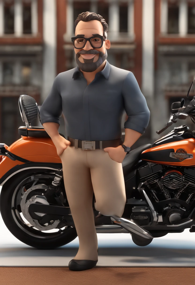 Cartoon character of a 42-year-old man with a short beard wearing black glasses and a black shirt with a Harley Davidson logo, segurando uma caneca de chopp, um personagem animado, Caractere estilizado, animation style rendering, 3D estilizado, Arnold Maya render, 3 d render stylized, toon render keyshot, Personagem 3D, Personagem 3D, 3d rendering stylized, 3 d character render, personagem de desenho animado, Personagem de close up, Pose de personagem, (Estilo Pixar) (master part:1.2) (Bokeh) (best quality) (pele detalhada) (textura detalhada) (8k) (argila) (Cinematic lighting) (foco nítido，Senta e vaza a parte superior do corpo