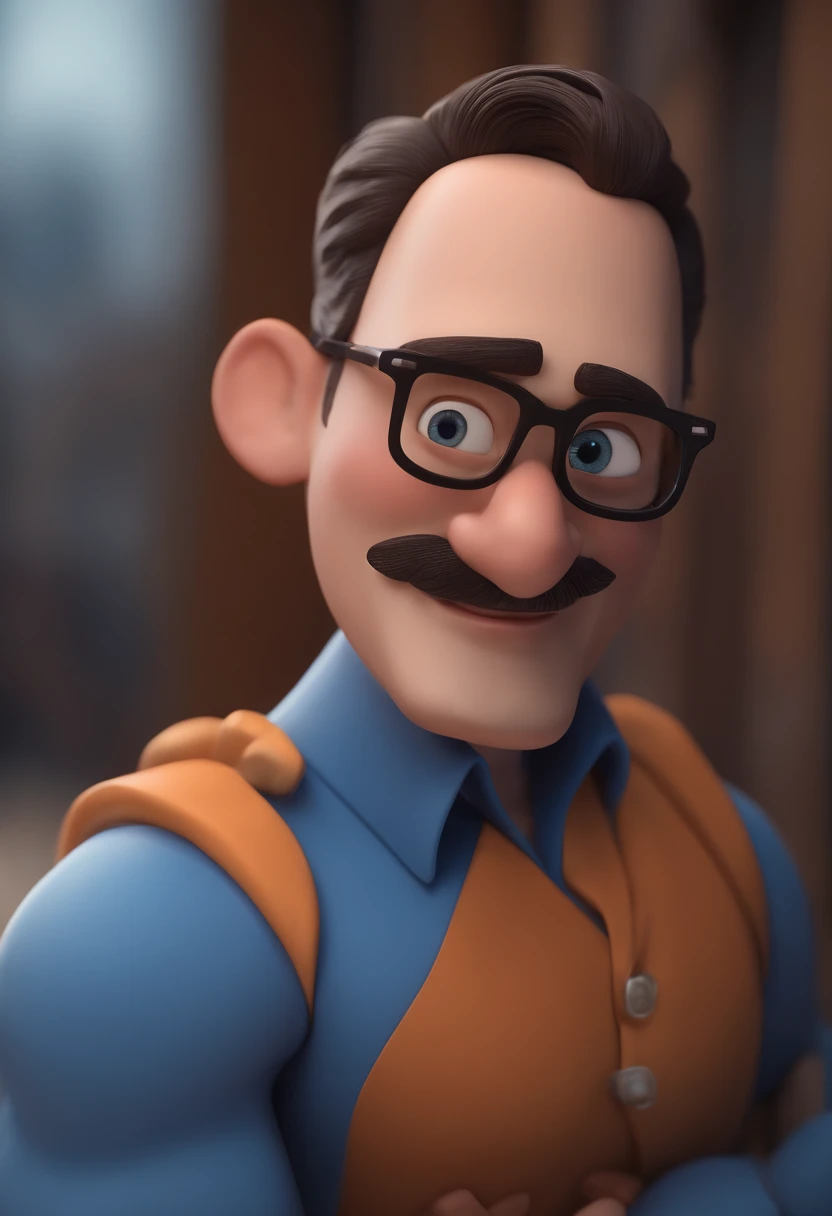 Cartoon character of a man with black glasses and a blue shirt, animation character, Caractere estilizado, animation style rendering, 3D estilizado, Arnold Maya render, 3 d render stylized, toon render keyshot, Personagem 3D, Personagem 3D, 3d rendering stylized, 3 d character render, personagem de desenho animado, Personagem de close up, Pose de personagem,  (Estilo Pixar) (master part:1.2) (Bokeh) (best quality) (pele detalhada) (textura detalhada) (8k) (argila) (Cinematic lighting) (foco nítido