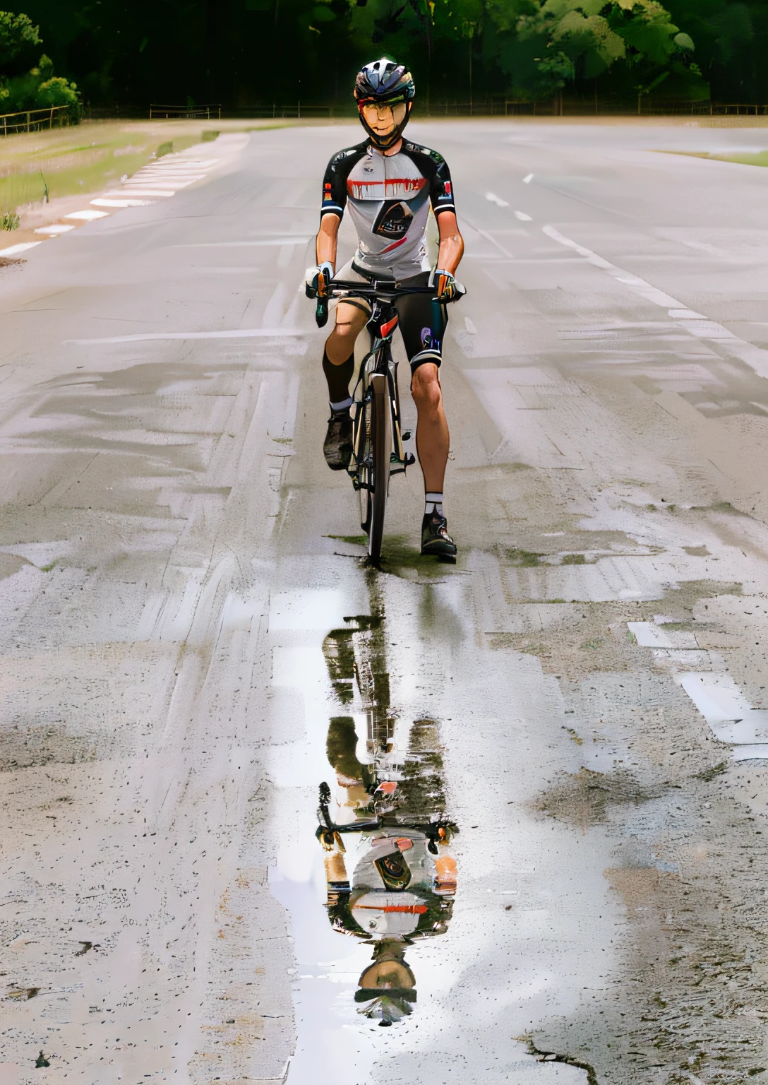 There's a man riding his bike on a wet road, Jovana Rikalo, ciclismo!!, Bram Sels, inspirado em Egbert van der Poel, wet reflections, Yann Blomquist, many reflective surfaces, Reflecting wet puddles, barbara canepa, shiny reflective surfaces, reflection, Carole Feuerman, chuvoso, Wet eye selection