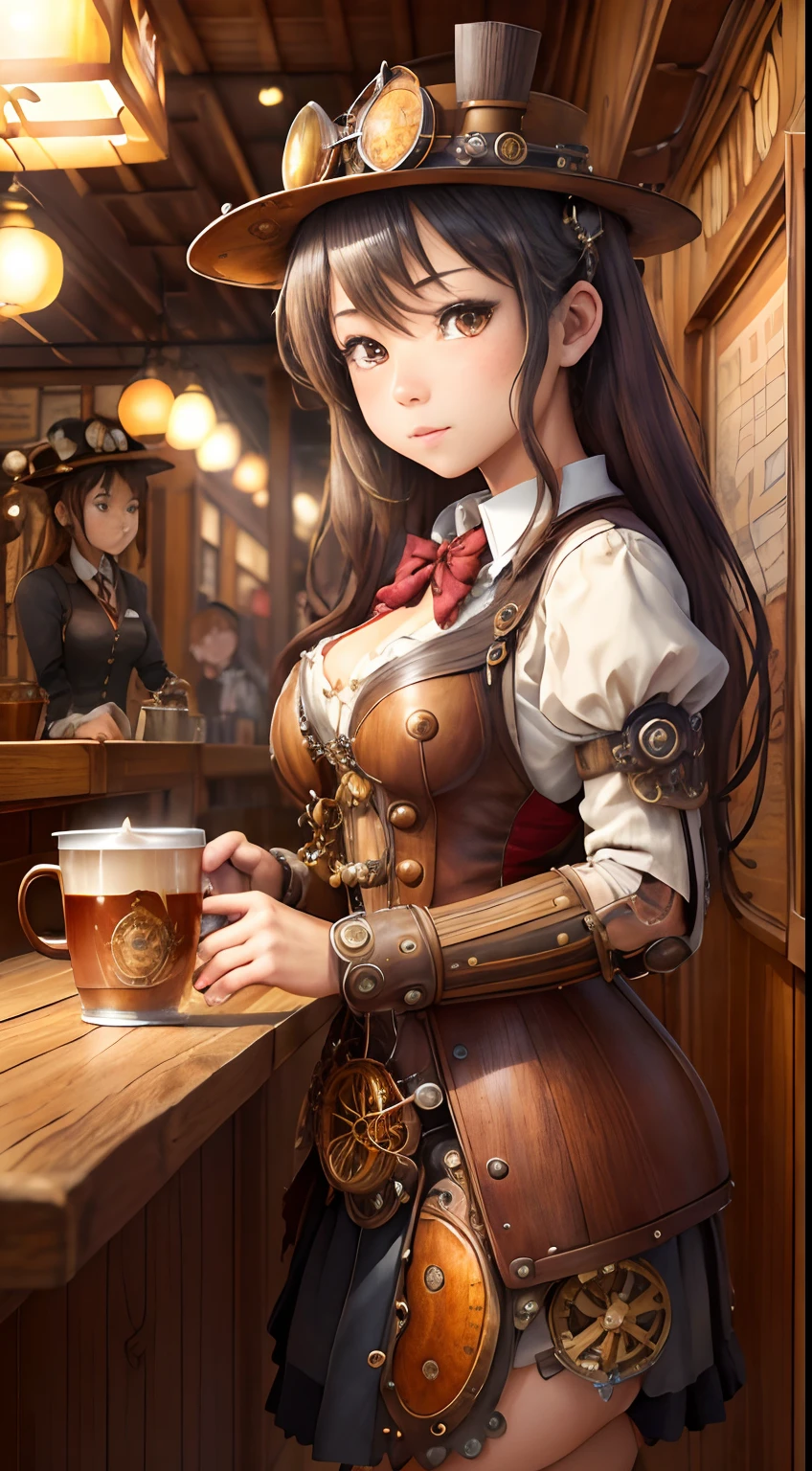 steampunkai。Beautiful。 (masutepiece:1.2)。(Best Quality:1.2)。Perfect face。((Two Girls 1.5))。Japan girl in steampunk style。Eat a steampunk street food hot dog。Chatting。Paper cups on the counter。The background is a wooden labyrinth passage in a steampunk style。