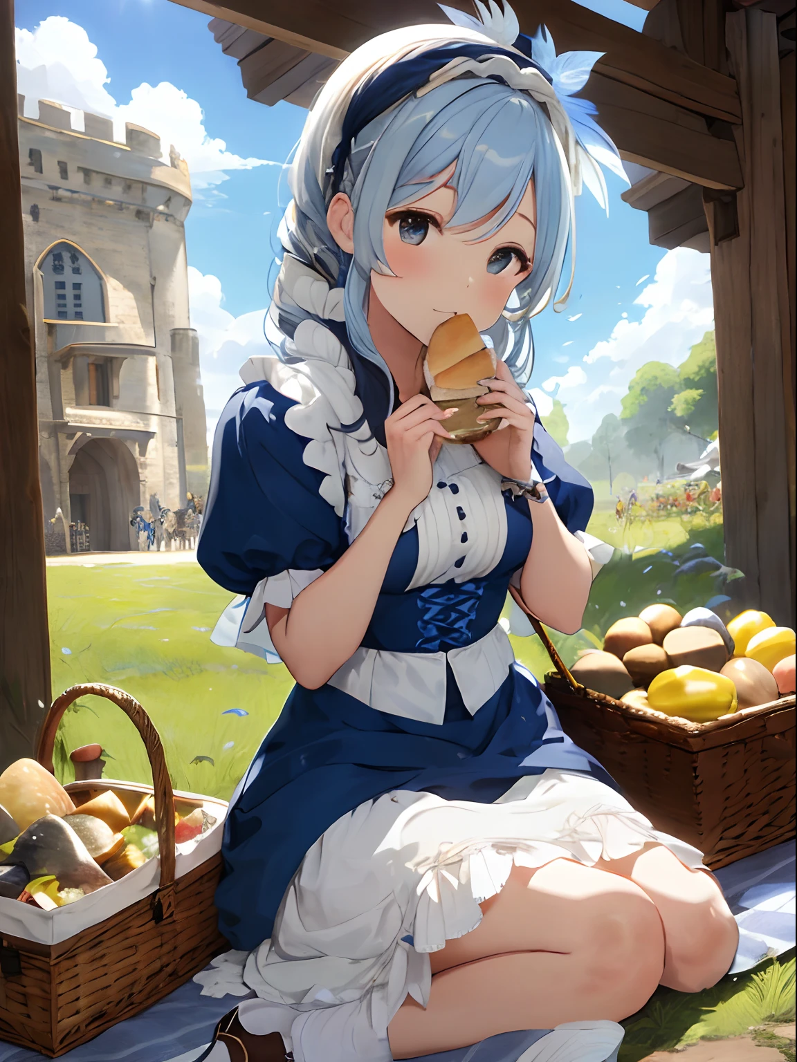 twinsies,Chiquita,Two-tone hair in white and navy blue,Colored leaves,Medieval European style,Lady style,Fluffy and fluttery clothes,Stylish atmosphere,eat a sandwich,picnic,harvest,busy,The sun is shining