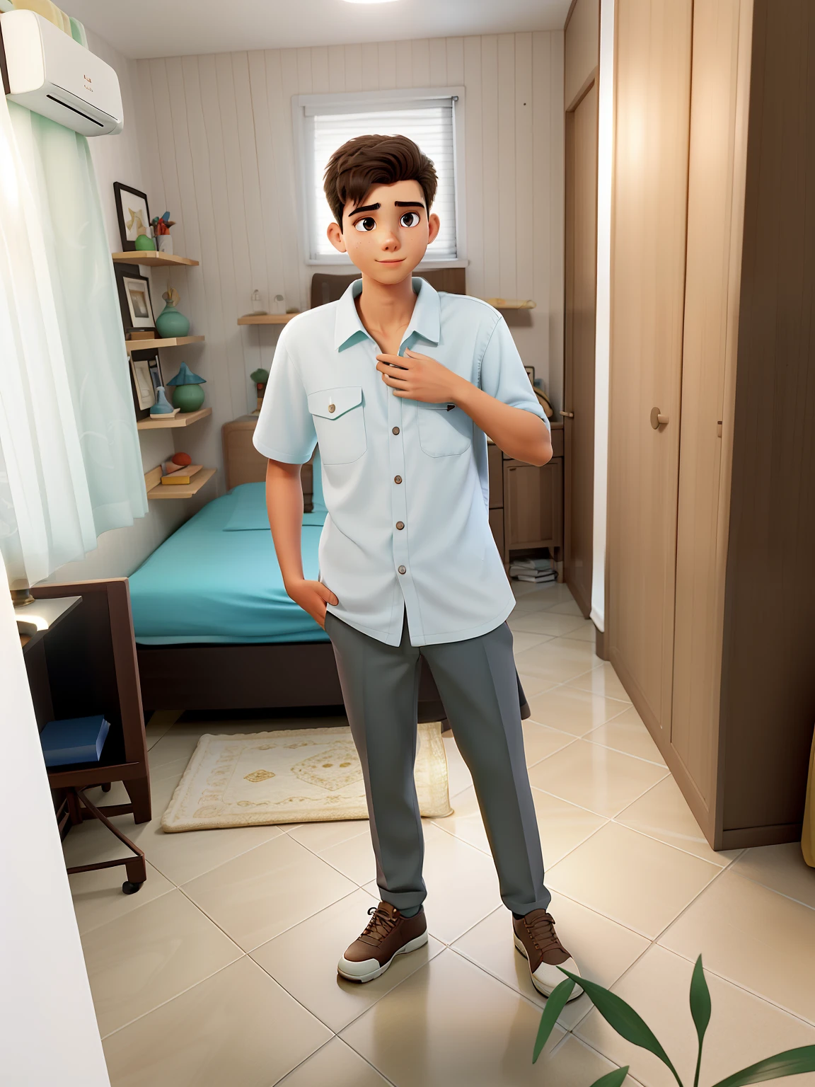 A wise young man standing in front, illuminated by the light of a lamp, contra o pano de fundo de um quarto