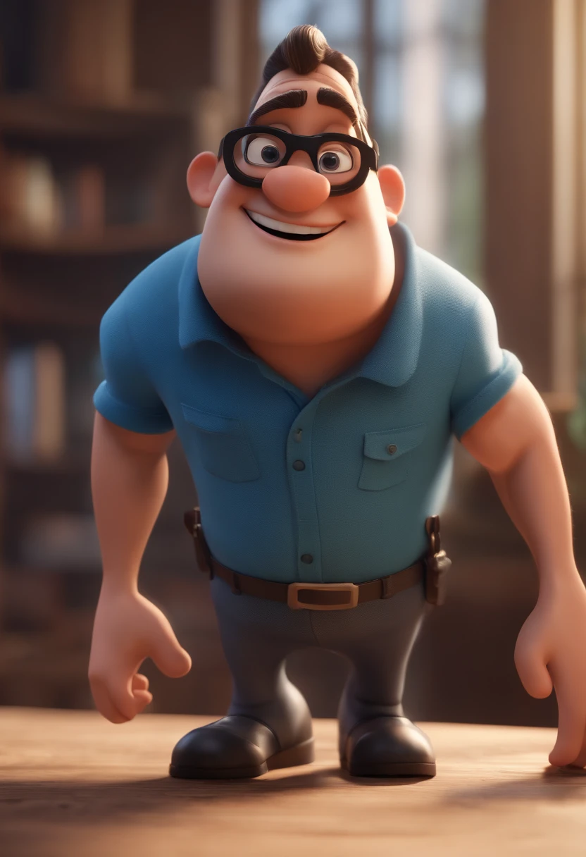 Cartoon character of a man with black glasses and a blue shirt, animation character, Caractere estilizado, animation style rendering, 3D estilizado, Arnold Maya render, 3 d render stylized, toon render keyshot, Personagem 3D, Personagem 3D, 3d rendering stylized, 3 d character render, personagem de desenho animado, Personagem de close up, Pose de personagem,  (Estilo Pixar) (master part:1.2) (Bokeh) (best quality) (pele detalhada) (textura detalhada) (8k) (argila) (Cinematic lighting) (foco nítido