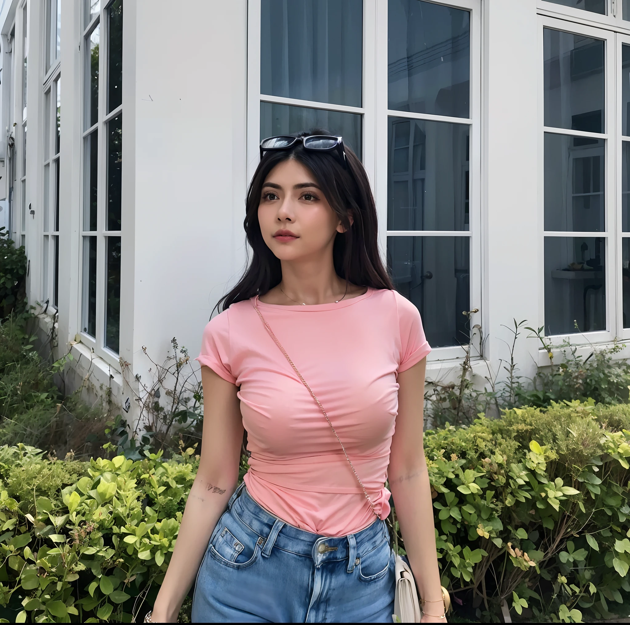 araffe woman in a pink shirt and jeans standing in front of a building, wearing a cute top, violet myers, casual pose, mia khalifa, mai anh tran, nivanh chanthara, wearing tight simple clothes, wearing tight shirt, alanis guillen, alina ivanchenko, tight shirt, with a figure in the background, leaked image, shirt lift, big boobs