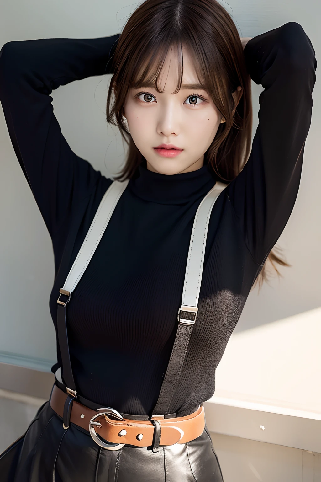 ​masterpiece、flat-colors、depth of fields、lens flare 1 girl、、Brown hair、watching at viewers　　　black suspenders　　　large full breasts　　　 　 Armpit sweat　perspiring　Side of both hands　　walls: 　Black pants, Black jacket holster　Leg holster　　　　Gaze　　　Small face　bangss　suits　Cutter shirt