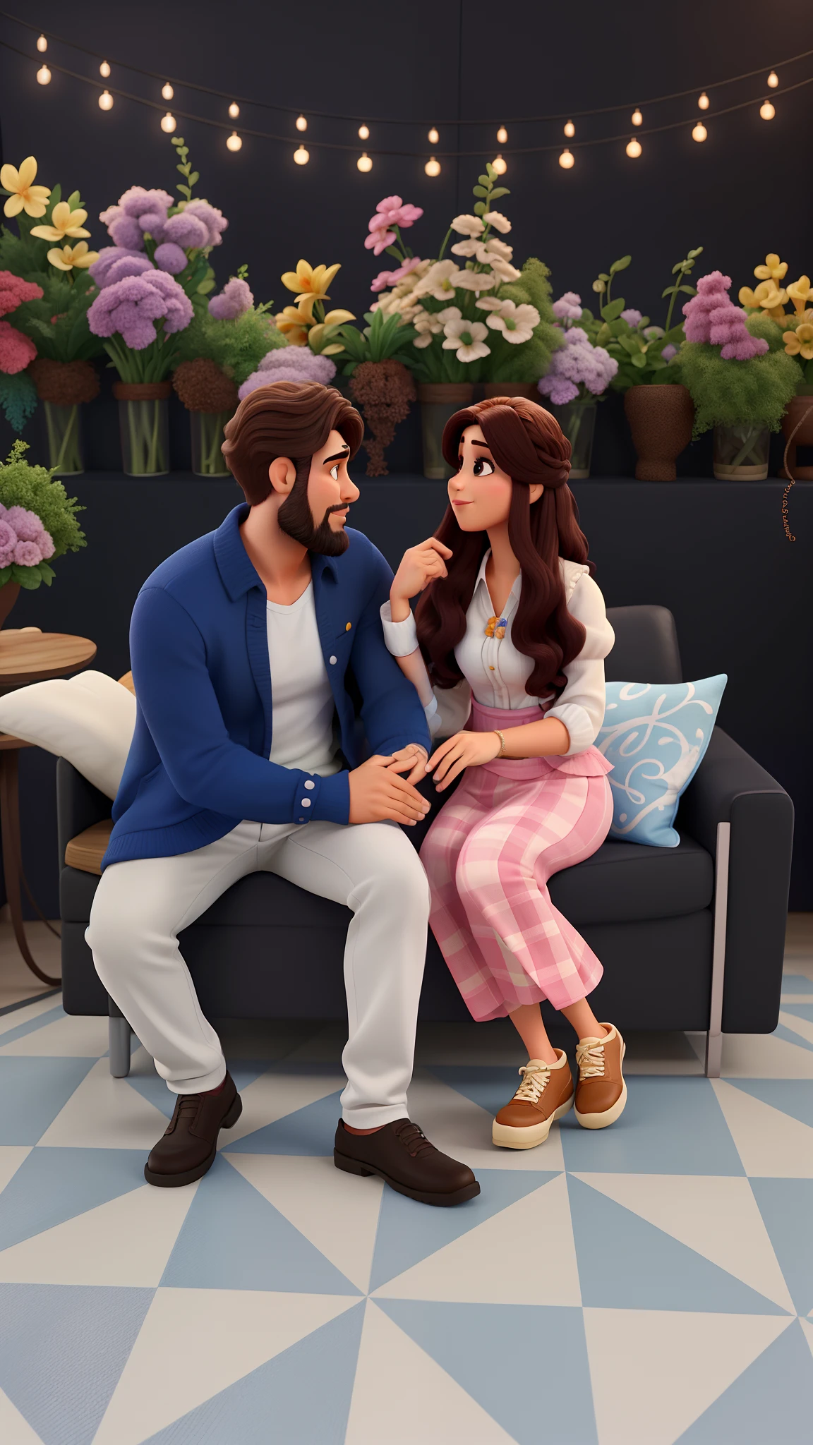 Casal estilo disney pixar melhor qualidade alta qualidade. Homem moreno cabelo comprido crespo barba e mulher loira olhos azuis cabelos longos lisos