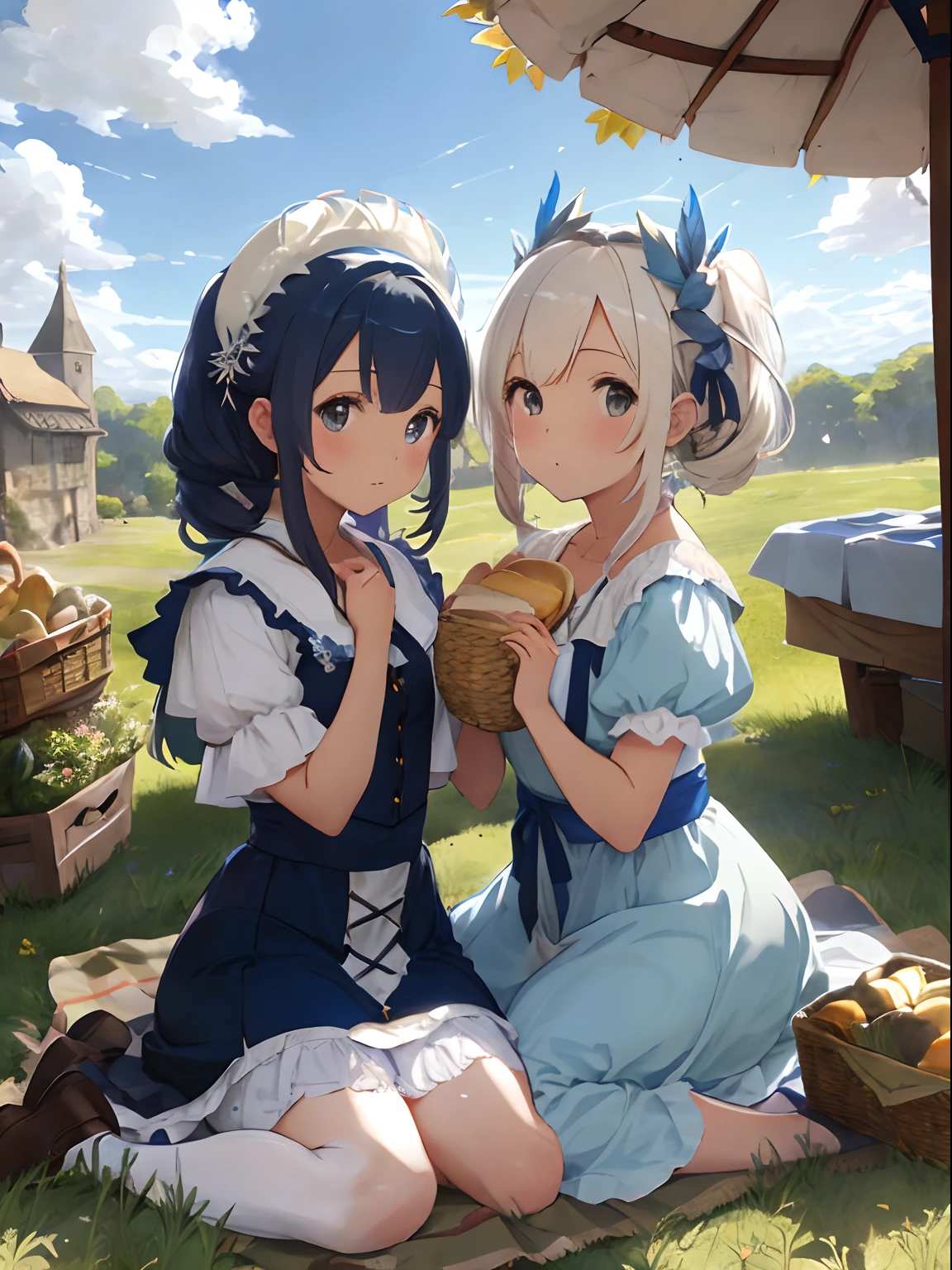 twinsies,Chiquita,Two-tone hair in white and navy blue,Colored leaves,Medieval European style,Lady style,Fluffy and fluttery clothes,Stylish atmosphere,eat a sandwich,picnic,harvest,busy,The sun is shining