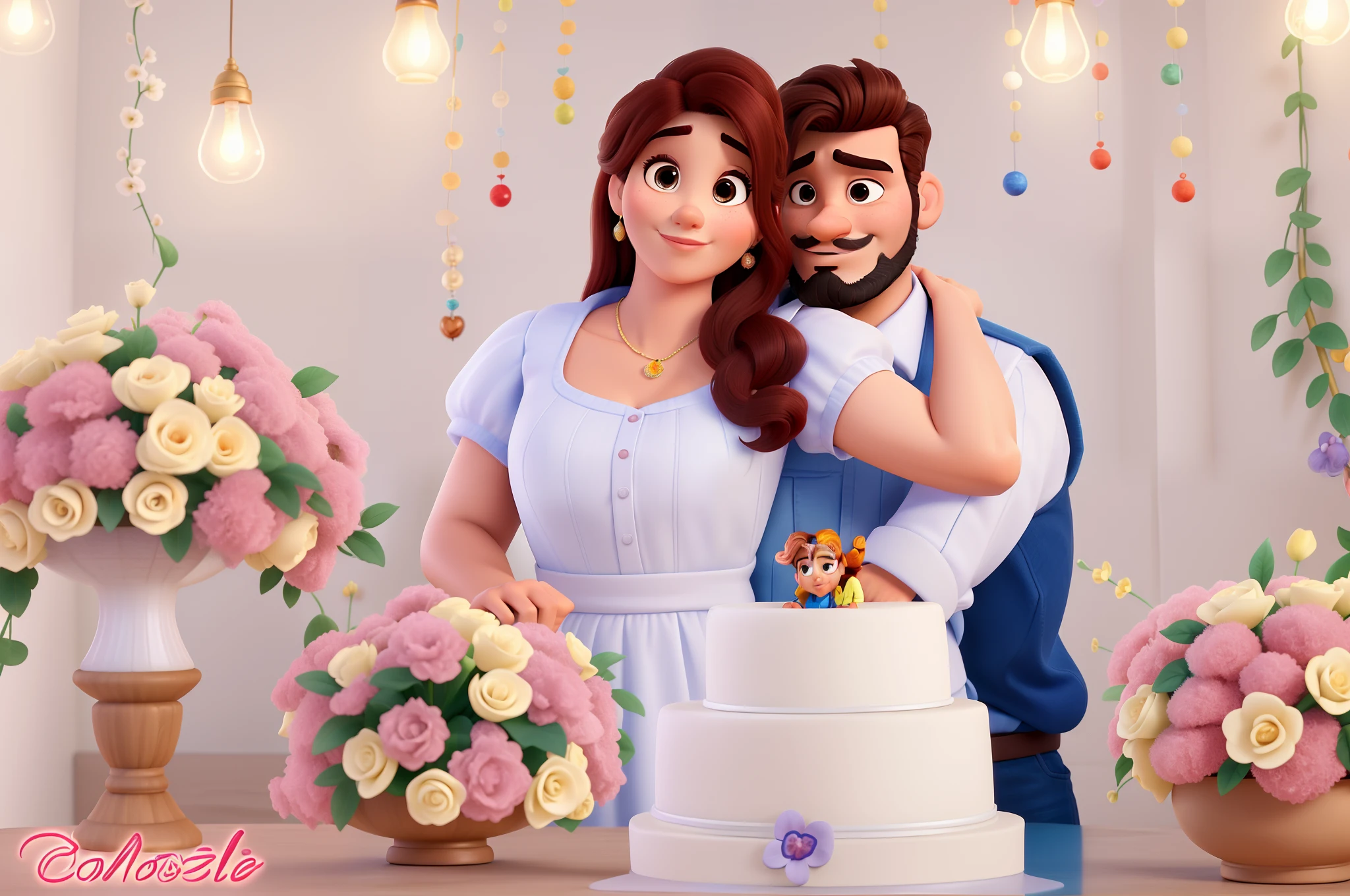 Casal estilo disney pixar melhor qualidade alta qualidade. Homem moreno, barba e mulher pouco uiva cabelos ondulados, Looking at camera