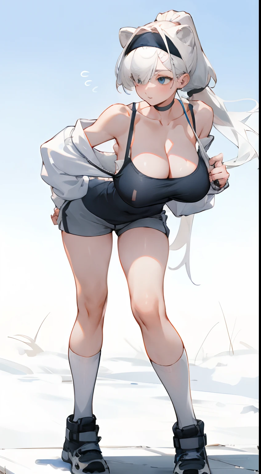Bigboobs，cropped shoulders，White color hair，High ponytail，Stand up，sporty attire，camisole，Leakage out of the collarbone，Neck leakage，knee length socks，standing straight