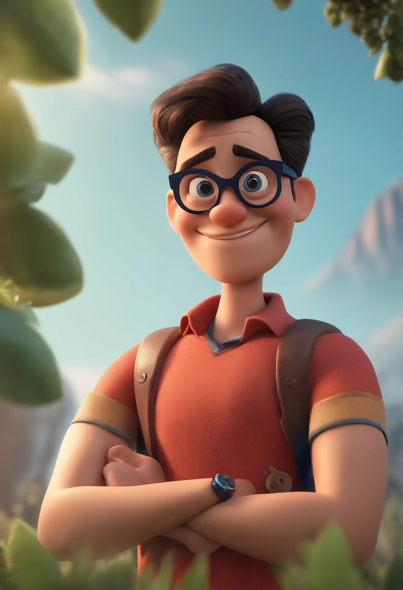 Cartoon character of a man wearing black glasses and a blue shirt, um personagem animado, Caractere estilizado, animation style rendering, 3D estilizado, Arnold Maya render, 3 d render stylized, toon render keyshot, Personagem 3D, Personagem 3D, 3d rendering stylized, 3 d character render, personagem de desenho animado, Personagem de close up, Pose de personagem, (Estilo Pixar) (master part:1.2) (Bokeh) (best quality) (pele detalhada) (textura detalhada) (8k) (argila) (Cinematic lighting) (foco nítido,Senta e vaza a parte superior do corpo