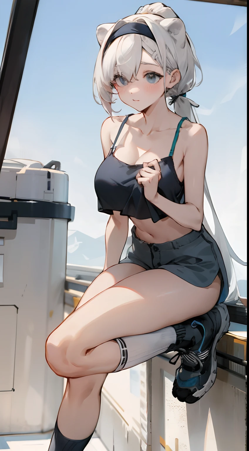 Bigboobs,cropped shoulders,White color hair,High ponytail,Stand up,sporty attire,camisole,Leakage out of the collarbone,Neck leakage,knee length socks,