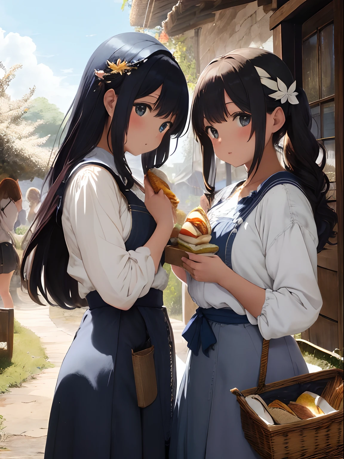 twinsies,Chiquita,Two-tone hair in white and navy blue,Colored leaves,Medieval European style,Ready Style,Fluffy and fluttering clothes,Stylish atmosphere,eat a sandwich,picnic,harvest,busy,The sun is shining