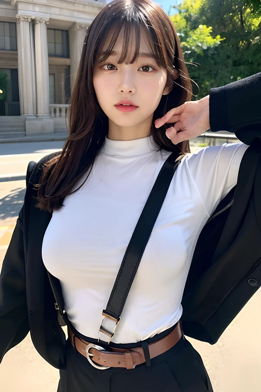 masterpiece、flat-colors、depth of fields、lens flare 1 girl、、Brown hair、watching at viewers a belt black suspenders large full breasts Armpit sweat perspiring Side of both hands walls: Black pants, Black jacket holster arm Leg holster arma Gaze Small face Bangs Upper Eyes