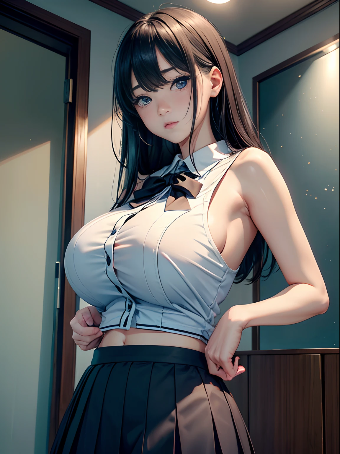 A girl、(masterpiece:1.4)、(in 8K、realisitic、Raw photo、top-quality:1.4)、(Real Face:1.4)、(real looking skin:1.3)、超A high resolution、A hyper-realistic、Eyes in Beautiful Details、Black shorthair、耳环、a sailor suit、pleatedskirt、(huge-breasted:1.5)、gargantilha、Blushing、alluring face、Troubled look、Inside the hotel room、to stand