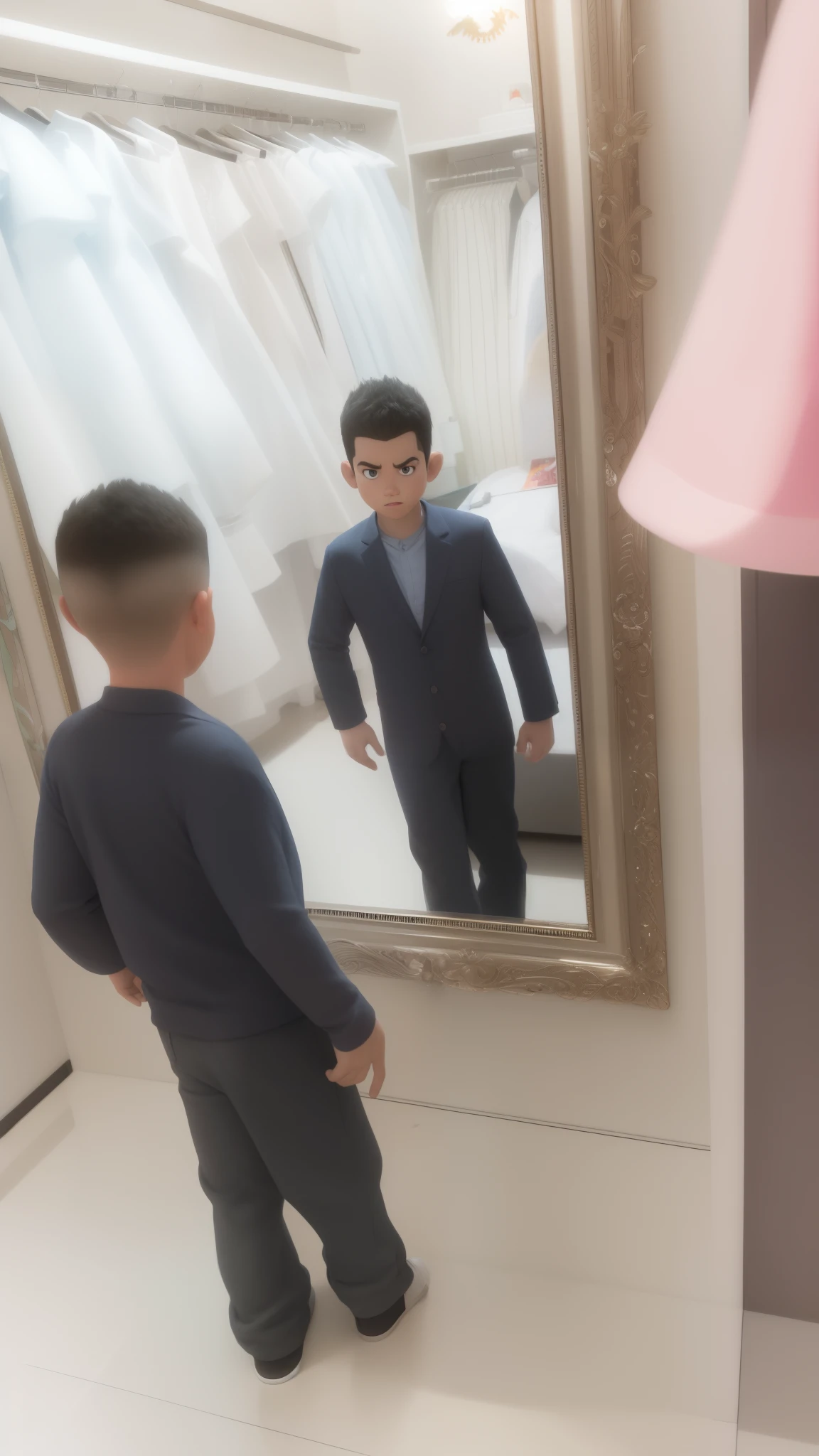 There's a cartoon boy in front of a mirror, animation movie still, ! Movie Scene, animation still, animated film, animado ainda, veja os detalhes, Pixar Zootopia. 3D-rendering, animation movie still, disney render, animation movie still, high resolution film still, estilo de zootopia, Alex Miranda, Como um personagem da Pixar, renderizado em Arnold