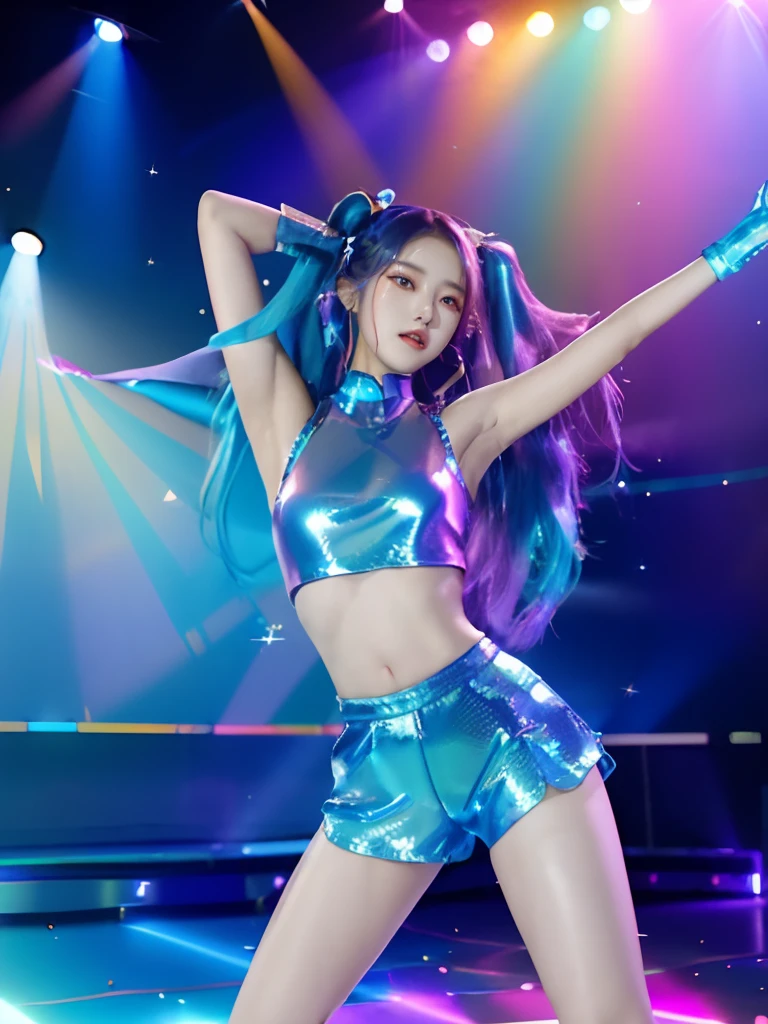 Alafi dancers wear shiny blue costumes on stage, jia, kda, Korean Idol, sun yunjoo, holographic suit, bold rave outfit, korean kpop star, music video, holograph, Bra and shorts streetwear, glistening body, jisoo of blackpink, jisoo from blackpink, metallic cyan bodysuit, dilraba dilmurat, rave outfit
