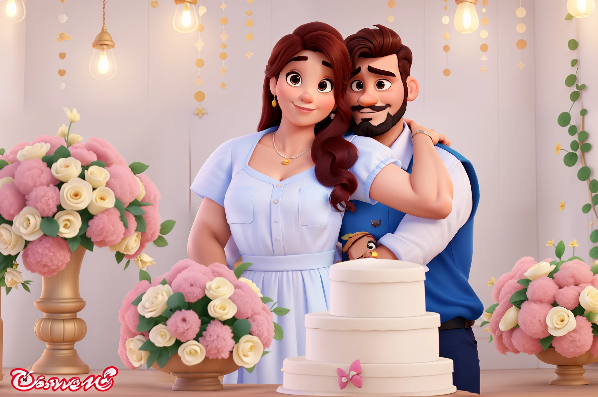 Casal estilo disney pixar melhor qualidade alta qualidade. Homem moreno, barba e mulher pouco uiva cabelos ondulados, Looking at camera