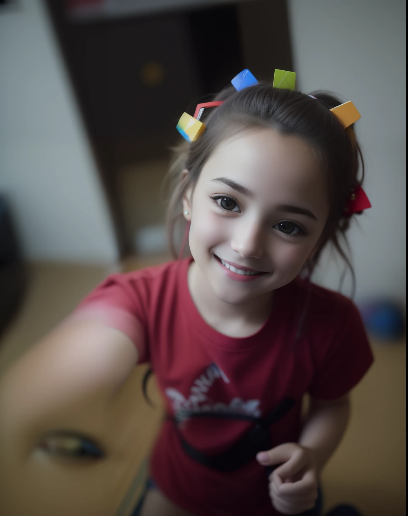 There's a girl with a red shirt and some colorful hairpins, captured with sony a3 camera, she is smiling and happy, photo taken with Sony a7R camera, taken with sony a7r camera, Capturado na Canon EOS R 6, imagem desfocada, imagem de qualidade muito baixa, quatro anos, happily smiling at the camera
