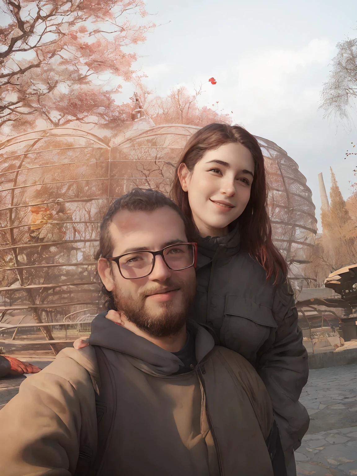 They are posing for a photograph in front of a red sculpture, Directed by: Nandor Soldier, com um parque ao fundo, Casal feliz, par, andrea rocha, In Sao Paulo, they are in love, Foto realista, fotografia, Beto Val, Marischa Becker, Edon Guraziu, Parque em segundo plano, Directed by: David Ruby