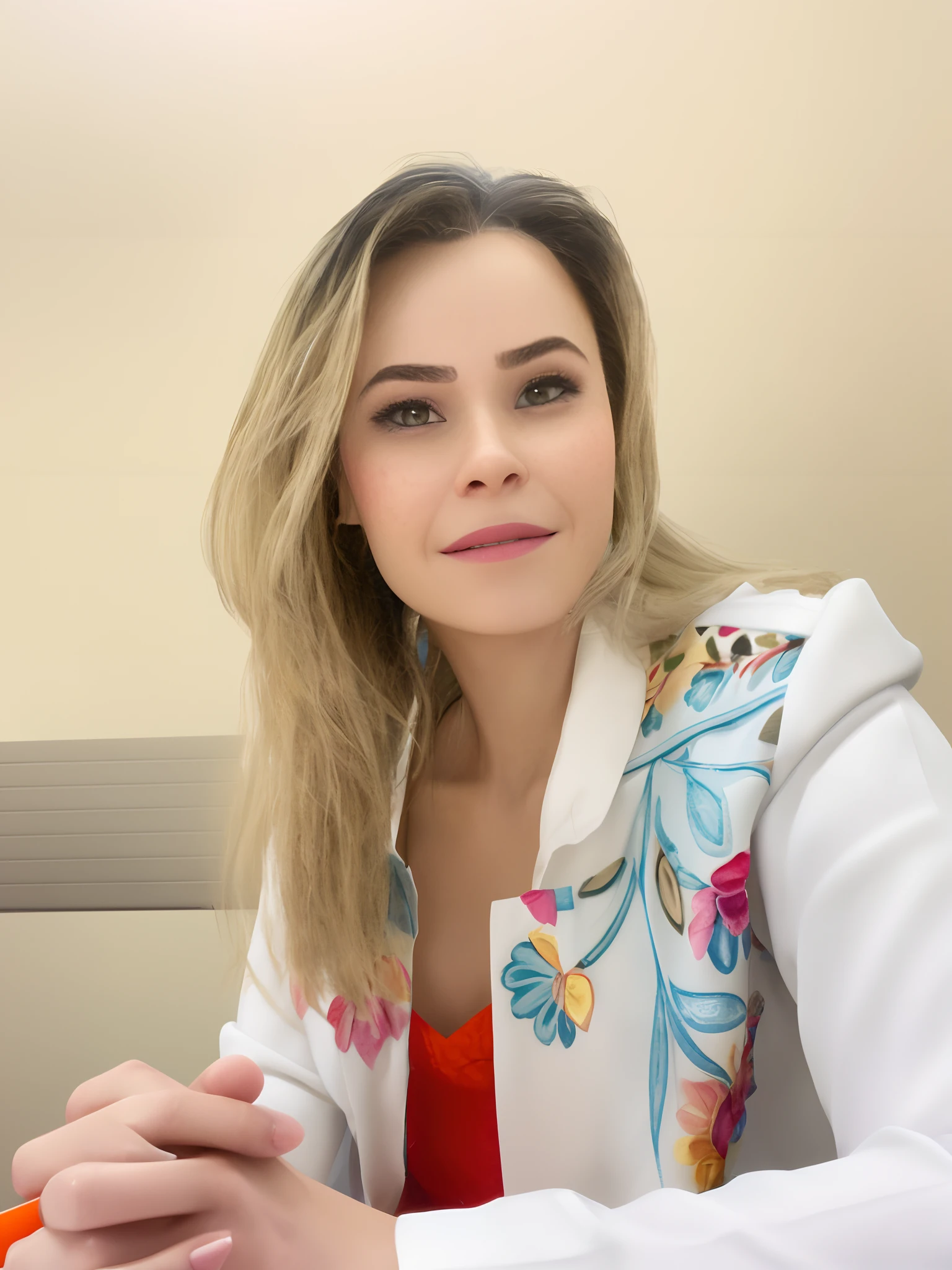 pixarstyle a waist-length portrait of a young woman in a office shirt, smile, office, natural skin texture, 4k textures, hdr, intricate, highly detailed, sharp focus, cinematic look, hyperdetailed
