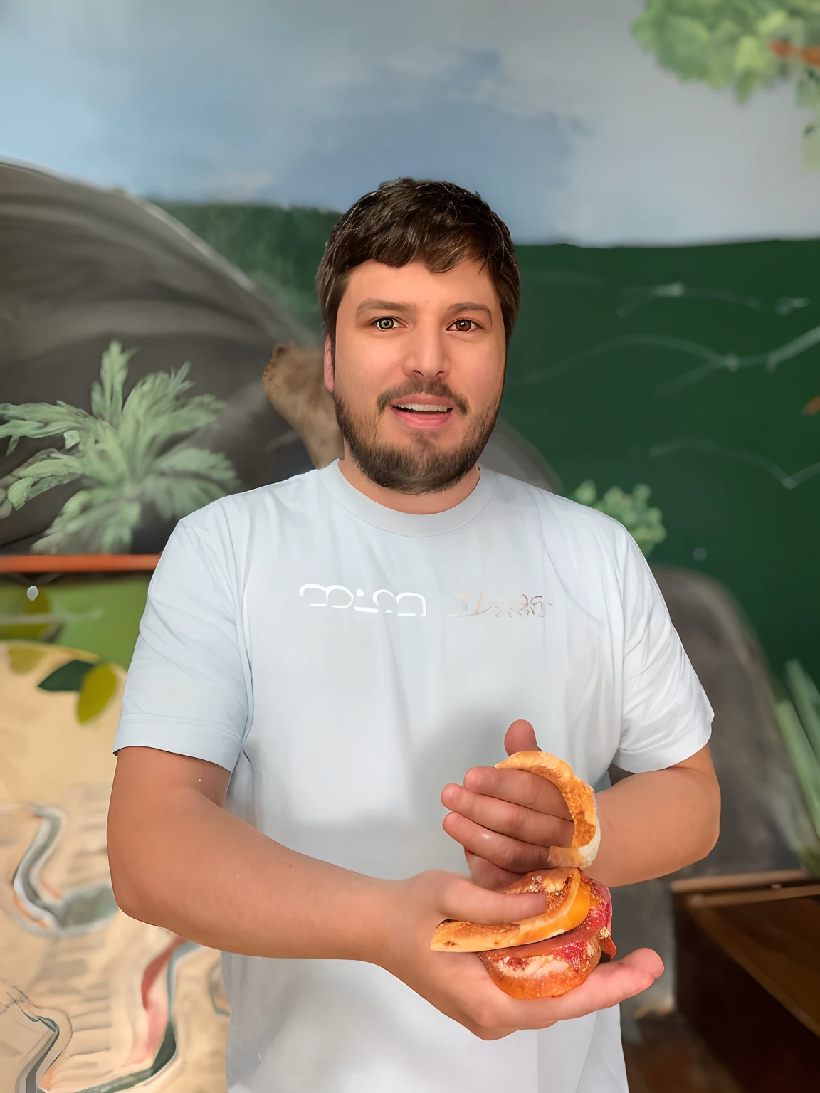 There's a man holding a sandwich in his hand, ástor alexander, Directed by: Meredith Dillman, daniel mirante, Directed by: Alejandro Obregon, imagem do avatar, Bogdan Rezunenko, Condutor de Ene, Calebe Worcester, Directed by: Elias Ravanetti, Directed by: Andrée Ruellan, Konstantin Porubov, Dylan Kowalsk