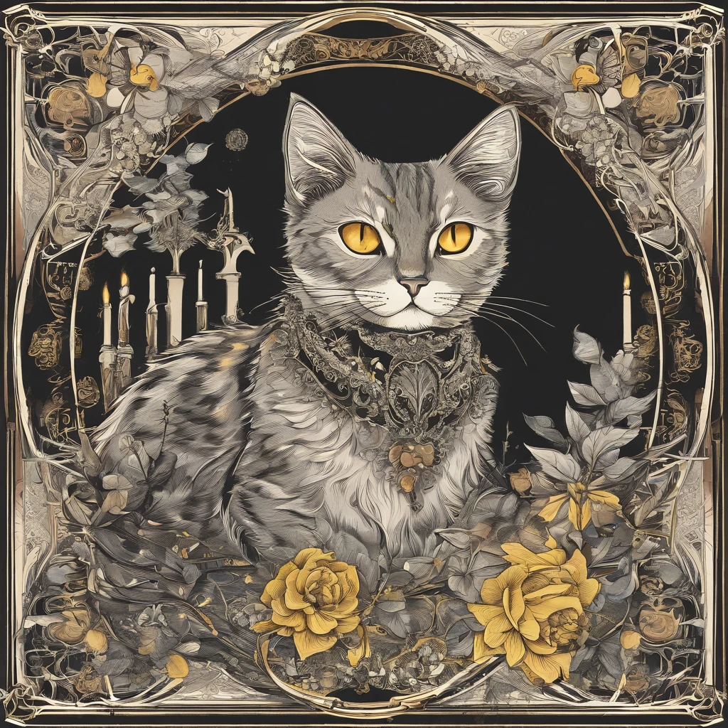 Absent-minded calico cat、illustratio、high-level image quality、a cute little cat、Animated、Yellow eyes、Illustration written in colored pencils