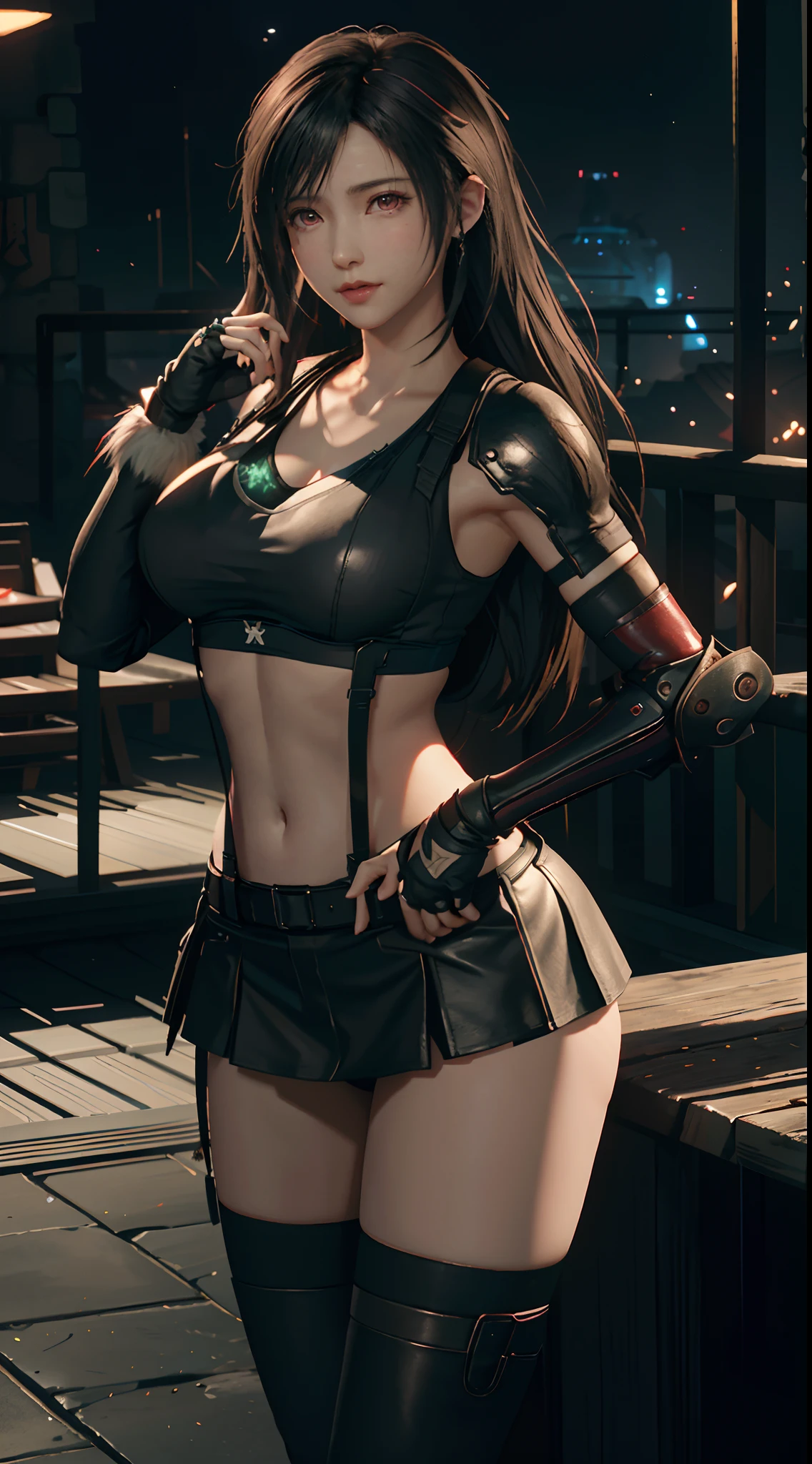 (8k、highest quality、MASTERPIECE:1.2)、(Realistic、photorealistic:1.3 of 7)、Super Detailed、girl 1 person、cutest、solo、、(tifa lockheart)、(big chest)、(((huge tit)))、(((Shift clothes to show bra)))、(((a black bra)))、(beautiful eye)、(a smiling look:1.2)、(Closed)、erotic pose、dance、neons、street scenery、Depth Of Field、Dark and strong shadows、Sharp focus、auto、motion blur、bike、Depth Of Field、composition、Glowing green light、Final Fantasy VII、tool、(nose blush)、Single Elbow Pad、Ankle Boots、dark black hair、black thigh、red boots、Elbow Gloves、Elbow pads、Fingerless Gloves、Taut Shirt、sports bra、(suspenders,)Black Skirt)、thights、white tank top、All over body、head rest、Lips、Facial、Low Tai Long Hair、(red_Ojo))、Yellow flowers、(night:1.3)、Complex、Bokeh、Cinematic Lighting、Photon mapping、Radiosity、physically based rendering、(Tetsuya Nomura Style)、NSFW、Perfect Breast